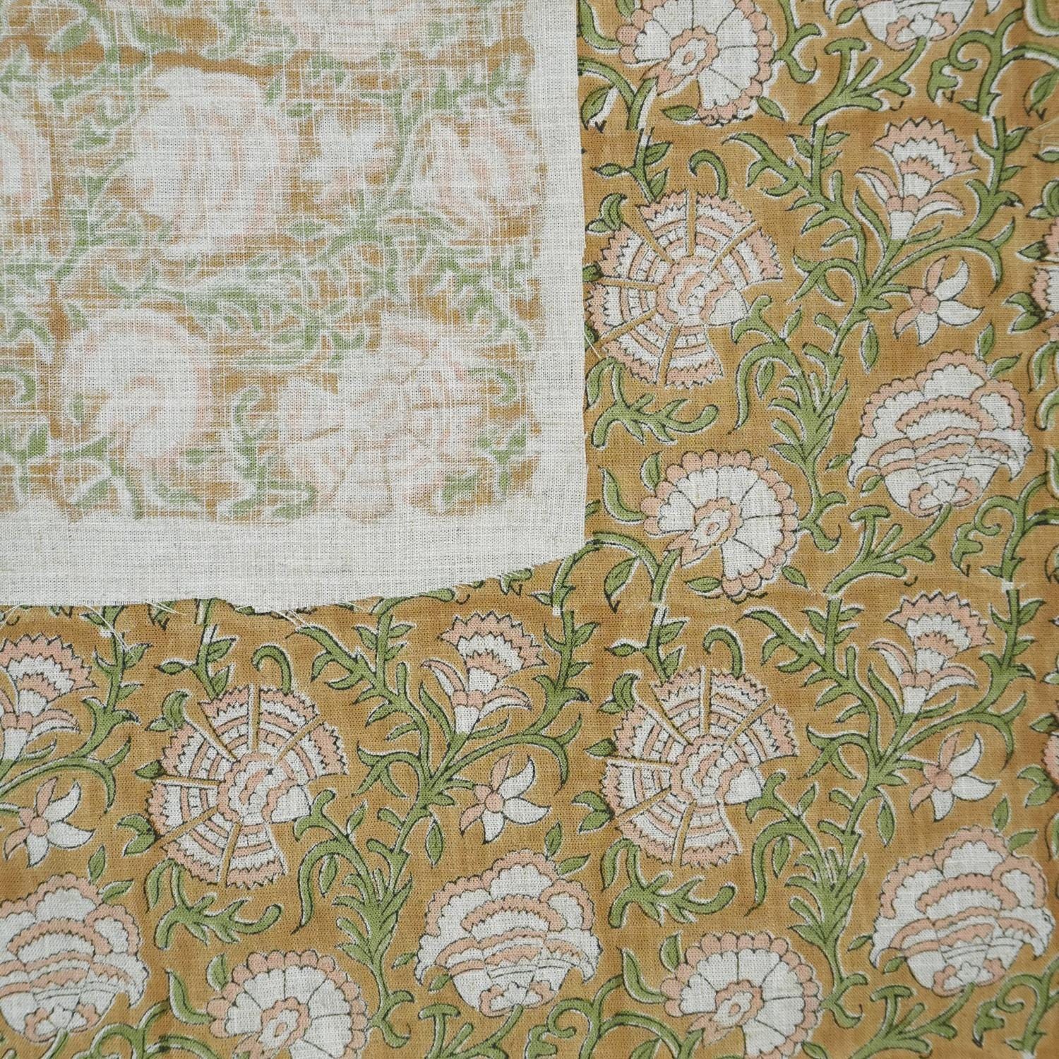 RUST FLORAL BLOCK PRINT VISCOSE LINEN TABLE NAPKINS AND WINDOW TREATMENT FABRIC HOME DECOR - SONAKSHI