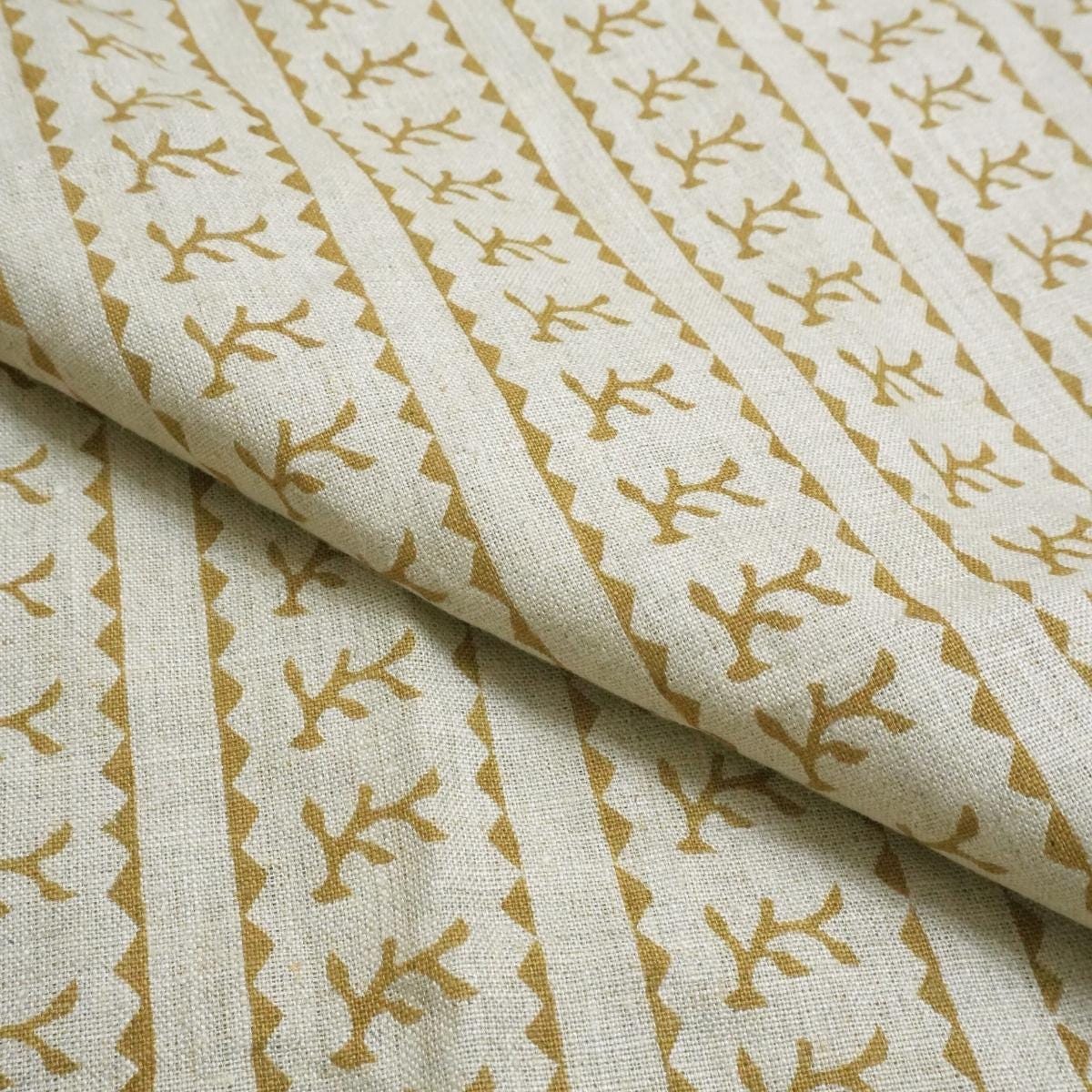Pure Linen Fabric Natural Soft Block Printed Pastel Gray and Bronze Metallic Floral for Tablecloth & Upholstery - Phool Dali