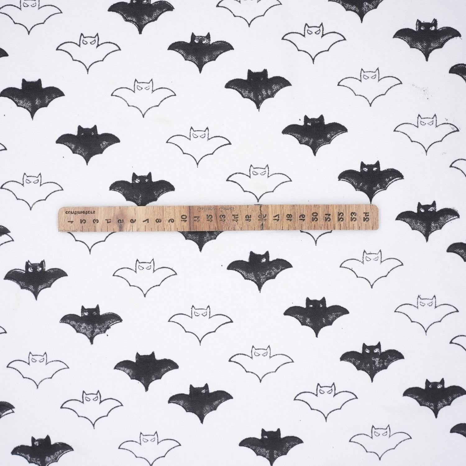 Hand Block Print Cuhion Cover Fabric on Thick Cotton White with Black Bat Design