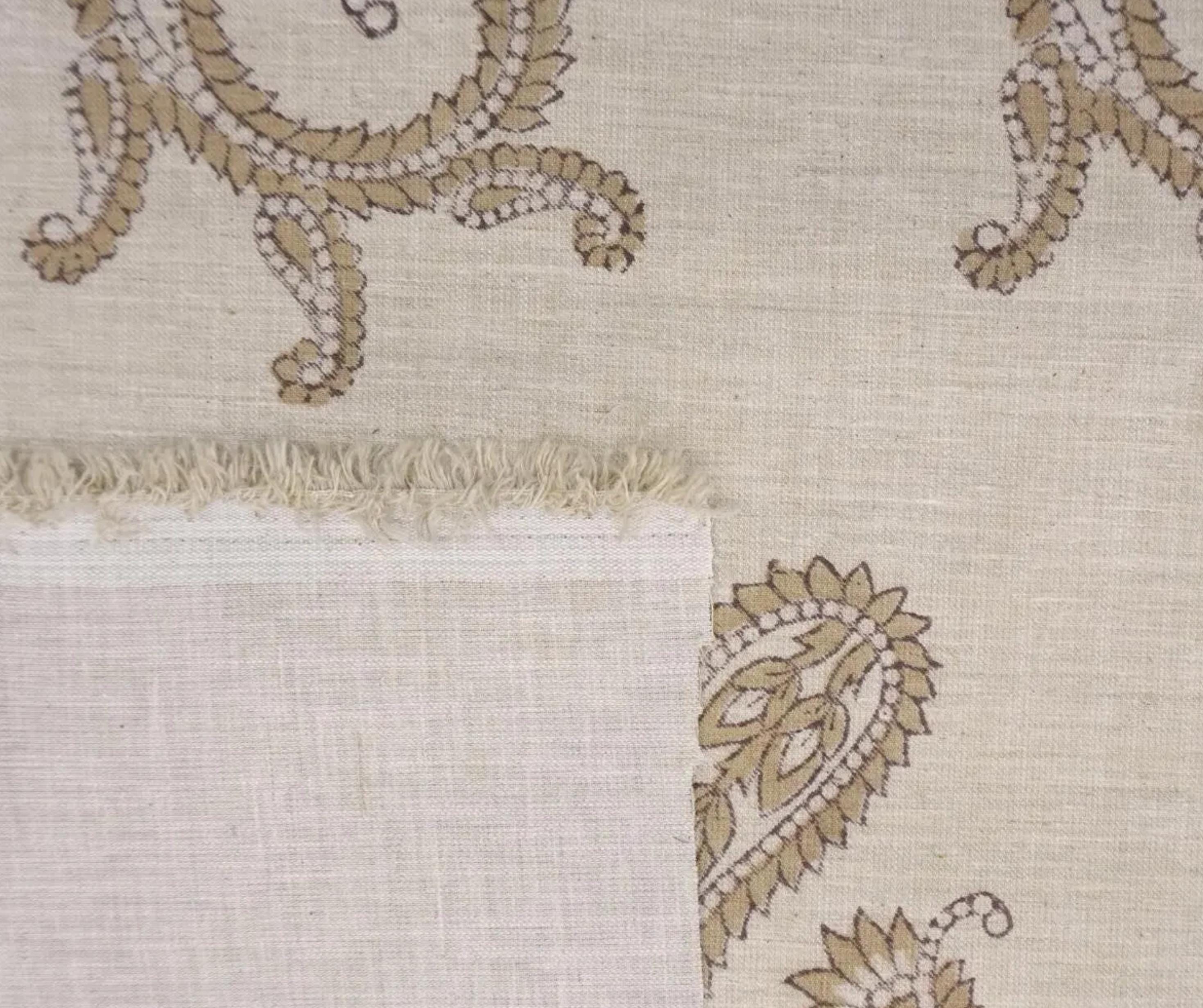 Linen Block Print Fabric Linen Blend 58 Inch Width Light Weight Linen Natural Base Color Curtains and Drapes Upholstery Handmade Art Pillow Covers Tablecloths and Runners Bedding Tote Bag Lampshades Napkins by Fabritual