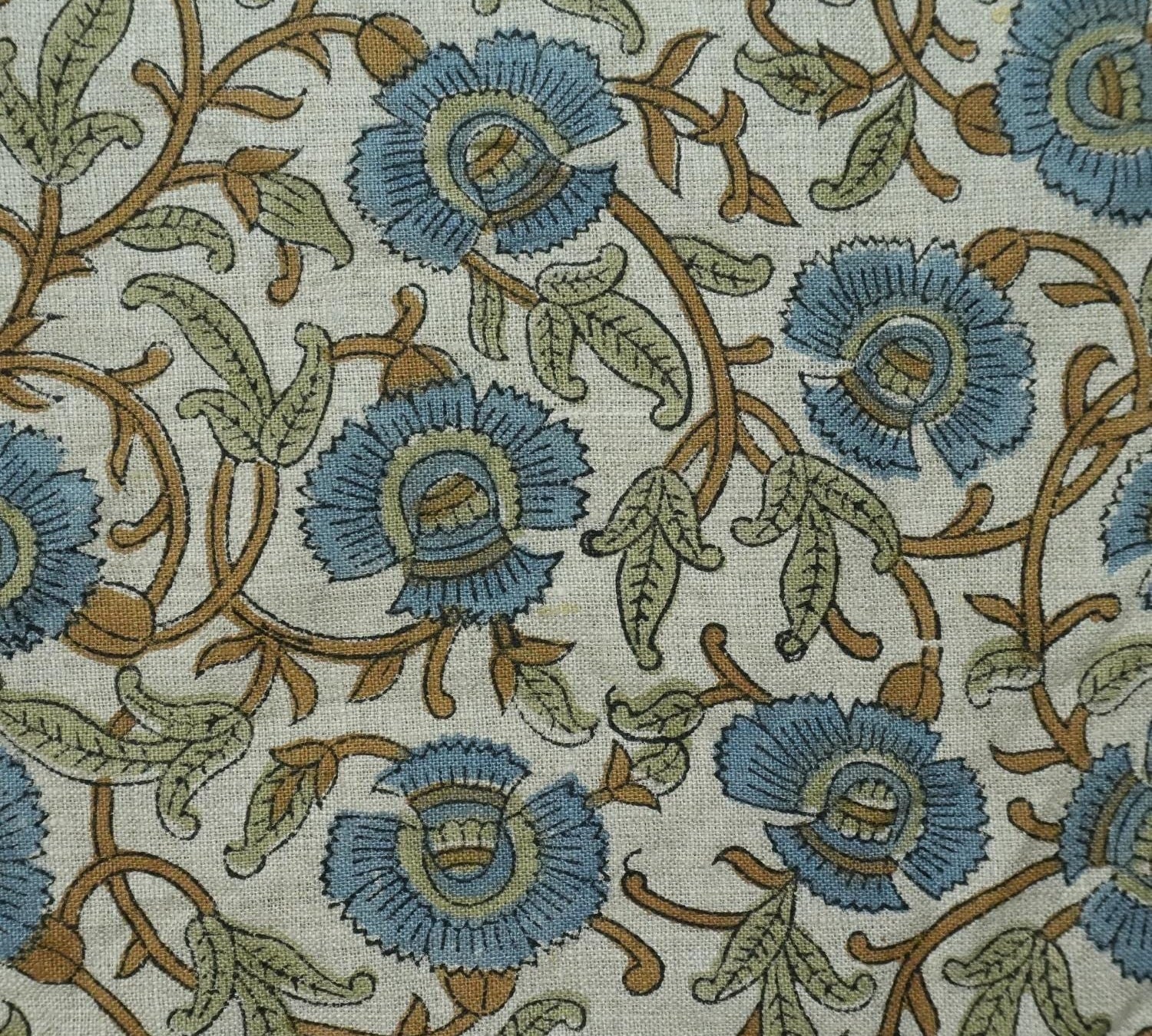 Linen Block Print Fabric 58 Inch Width Medium Weight Linen Natural Base Color Curtains and Drapes Upholstery Handmade Art Pillow Covers Tablecloths and Runners Lampshades Napkins by Fabritual