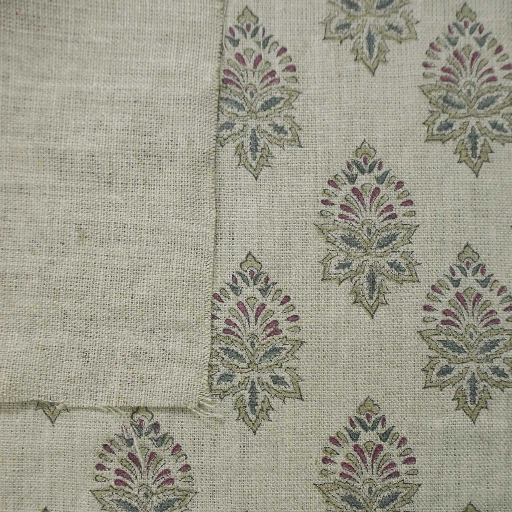 Linen Block Print Fabric 58 Inch Width Heavy Weight Linen Natural Base Color Curtains and Drapes Upholstery Handmade Art Pillow Covers Tablecloths and Runners Bedding Tote Bag Napkins by Fabritual