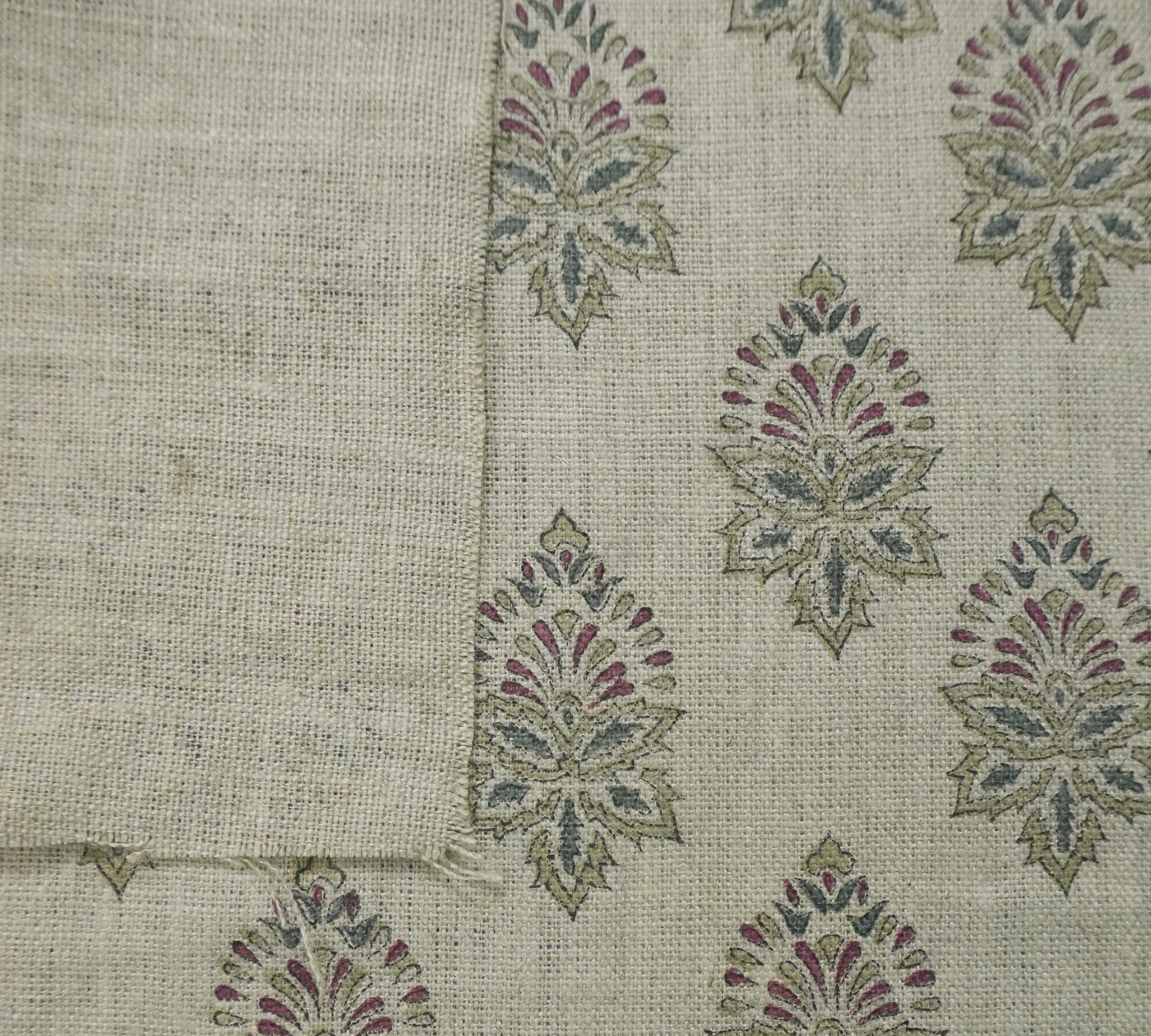 Linen Block Print Fabric 58 Inch Width Heavy Weight Linen Natural Base Color Curtains and Drapes Upholstery Handmade Art Pillow Covers Tablecloths and Runners Bedding Tote Bag Napkins by Fabritual