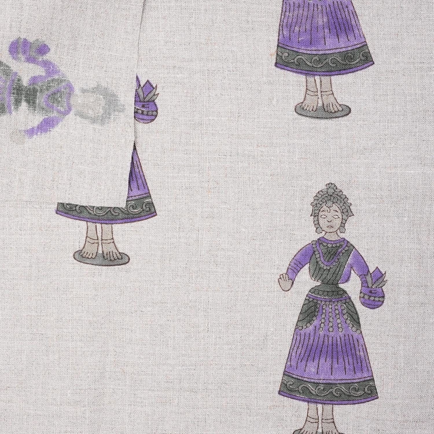 Handmade Art Block Print Decorative Katputli in Purple and Gray on Pure Linen Fabric for Cushion Cover