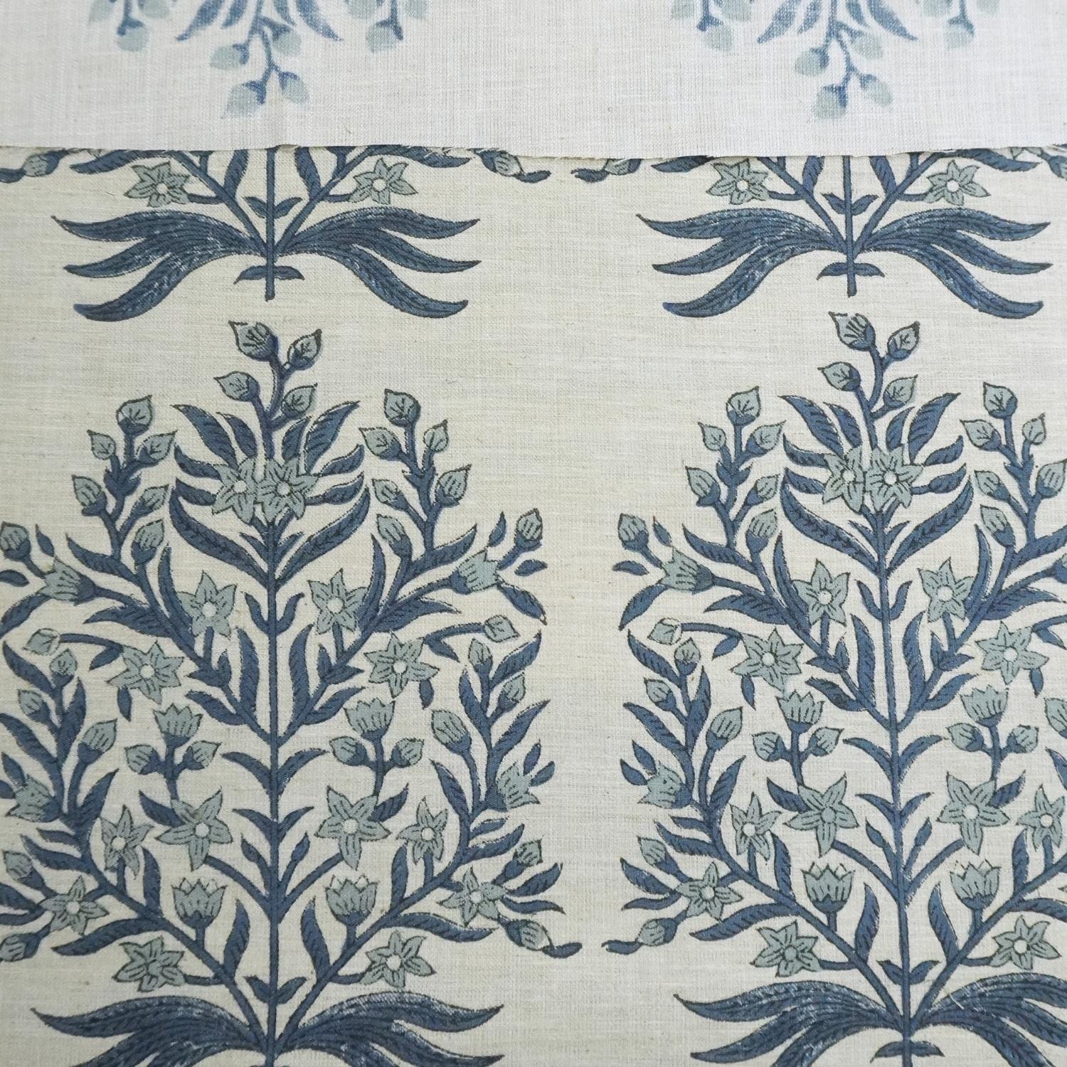 Patterned fabric with blue floral design on a light background