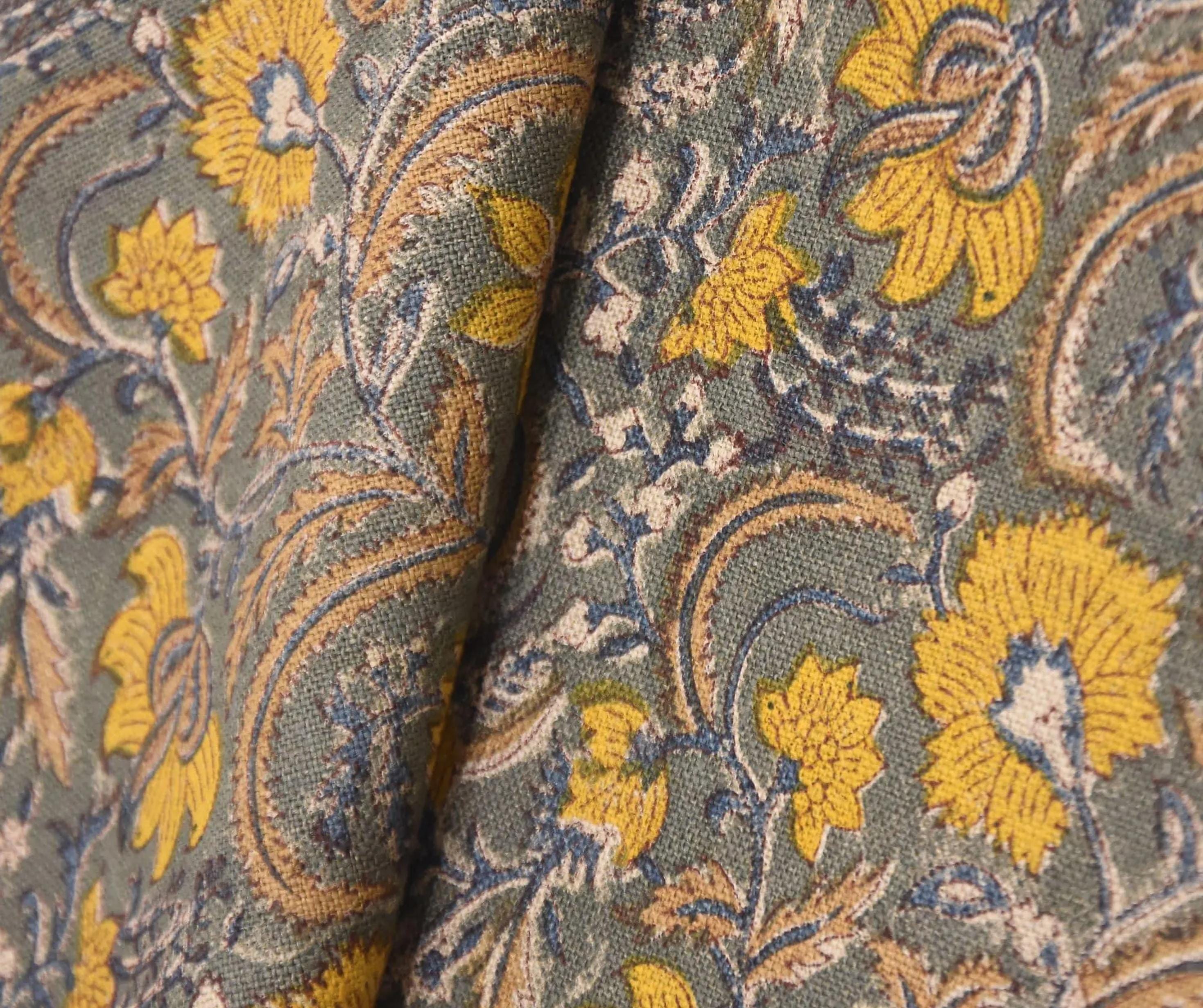 Linen Block Print Fabric 58 Inch Width Heavy Weight Linen Natural Base Color Curtains and Drapes Upholstery Handmade Art Pillow Covers Tablecloths and Runners Bedding Tote Bag Lampshades Napkins by Fabritual
