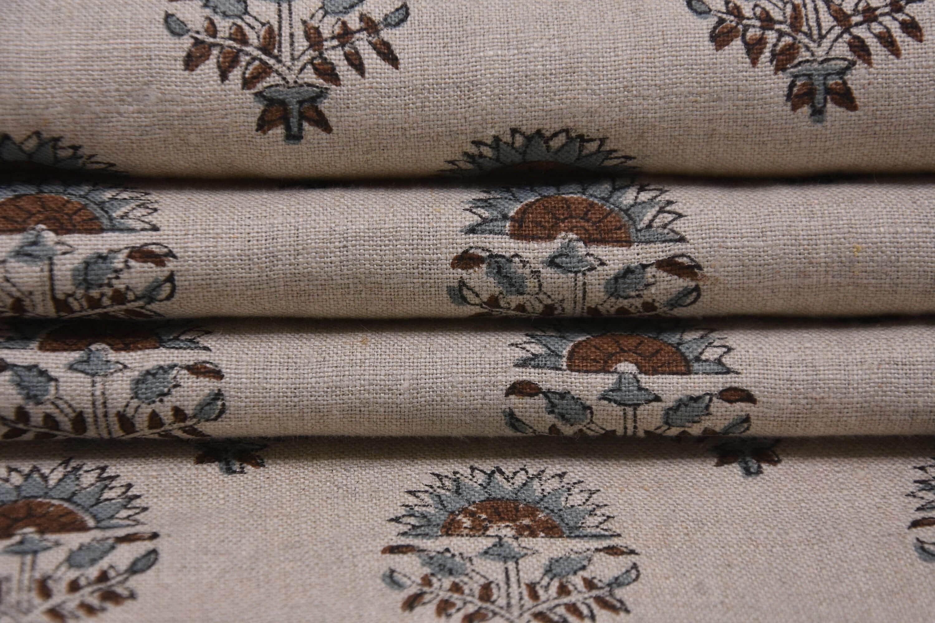 Linen Block Print Fabric 58 Inch Width Heavy Linen Natural Base With Black Color Curtains and Drapes Upholstery Pillow Covers Tablecloths and Runners Bedding Tote Bag by Fabritual