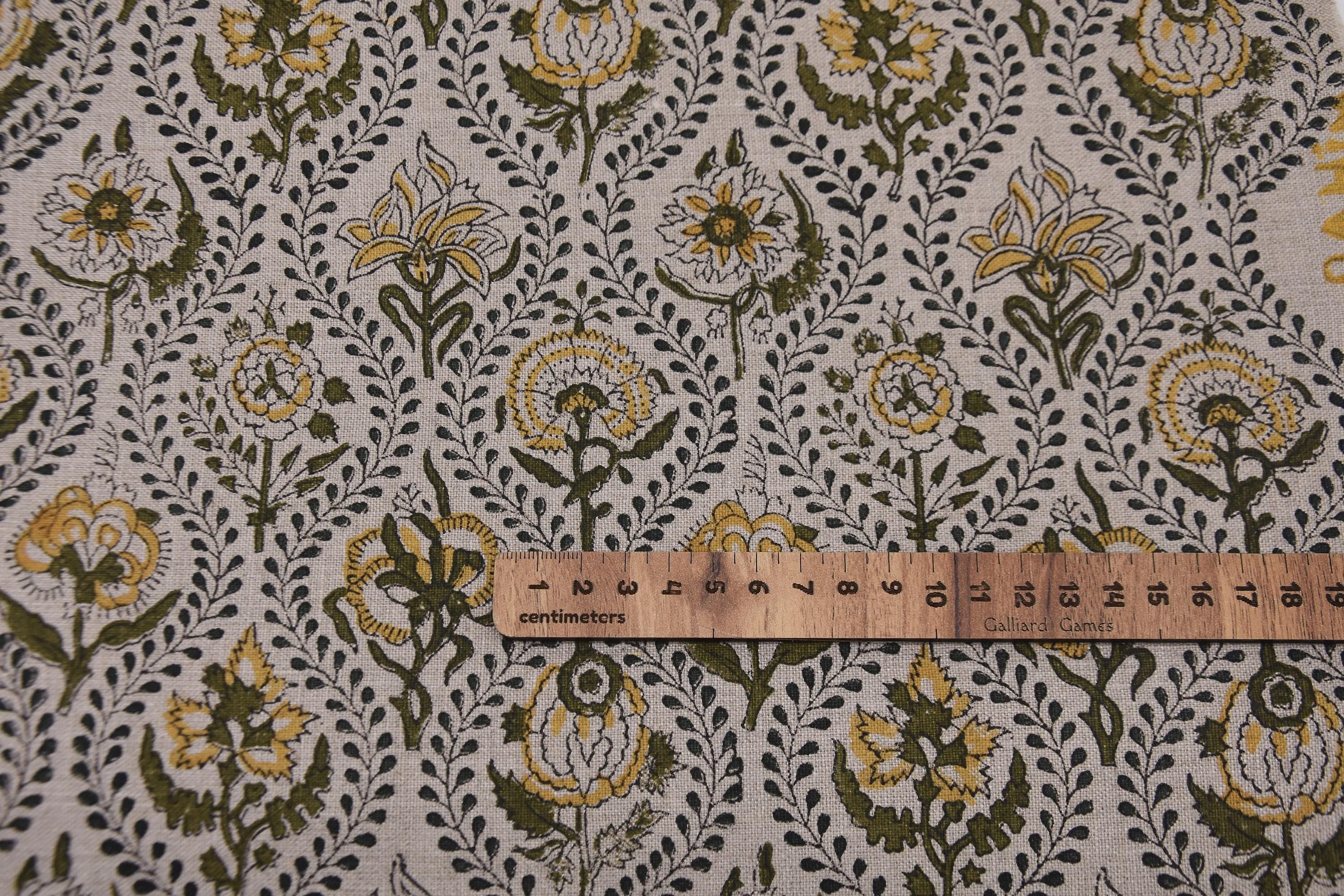 Hand Block Printed AMARBEL 58" Wide Pure Linen Fabric in Green & Mustard Big Floral for Lampshades