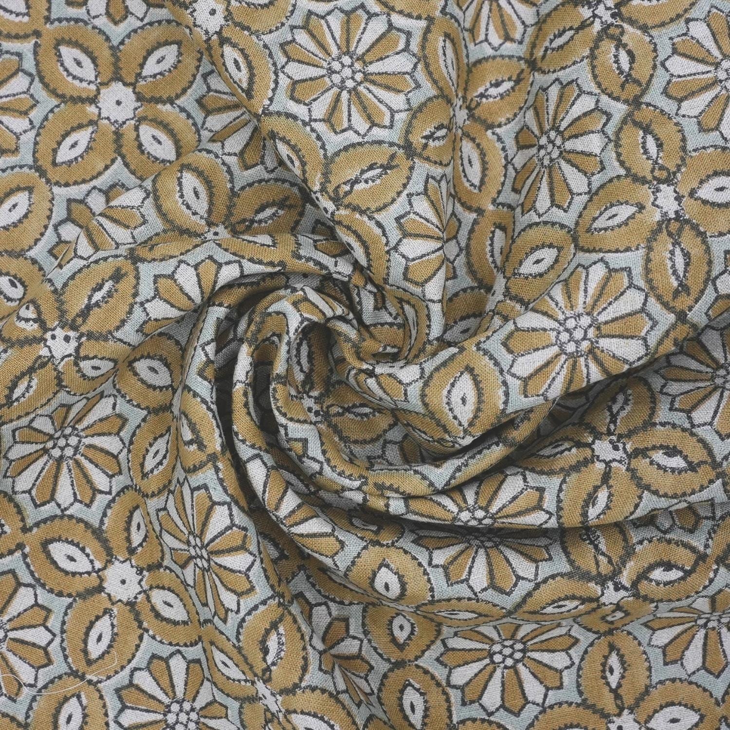 Indian Handblock Printed Sage Green and White Floral Throw Pure Linen Curtains Fabric with Varnika Design