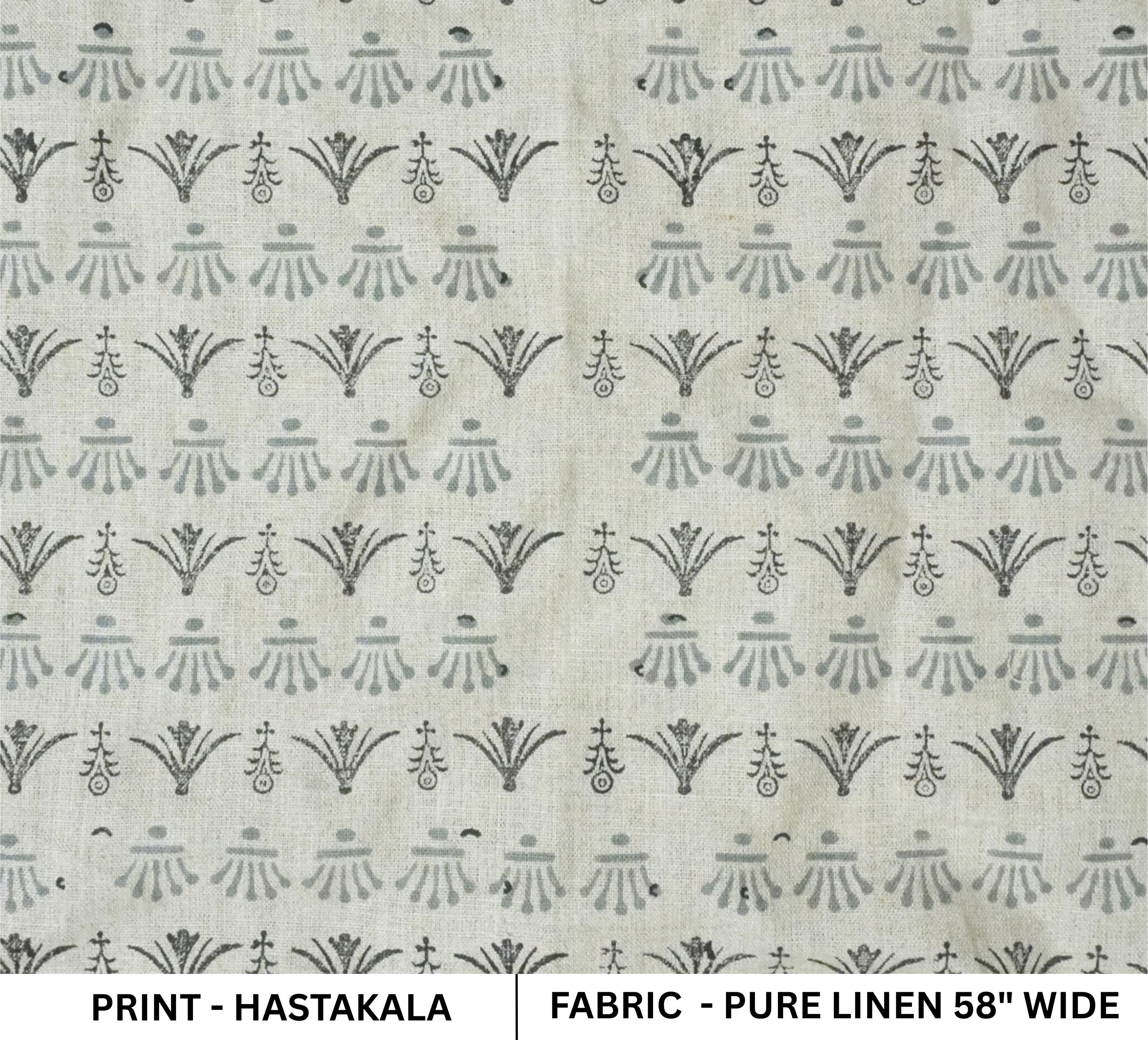 Handcrafted 100% Pure Linen Fabric with Block Print in Gray for Cushions & Windowpanes – Hastakala