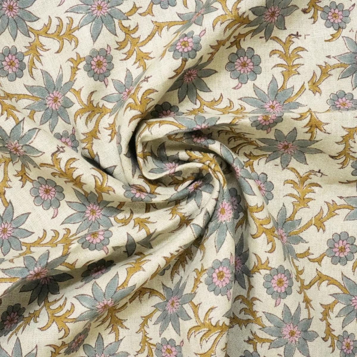 Neutral Heavy Linen with Global-Inspired Block Print for DIY Projects  Indian Block Print on Natural Linen Fabric for High-End Home Projects Minimalist Block Printed Linen in Heavyweight for Interior .