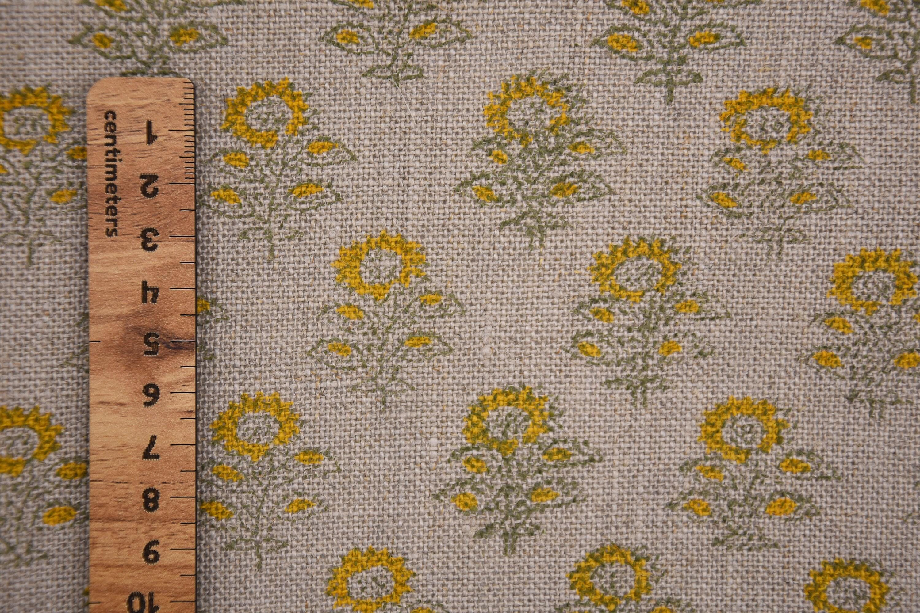 Indian Hand Block Thick Linen 58" Wide Mustard Floral Sofa Cover Fabric on Bagru Buti Print