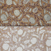 Indian handmade block printed brown fabric used for creating elegant pillow covers and drapes in a warm farmhouse living room.