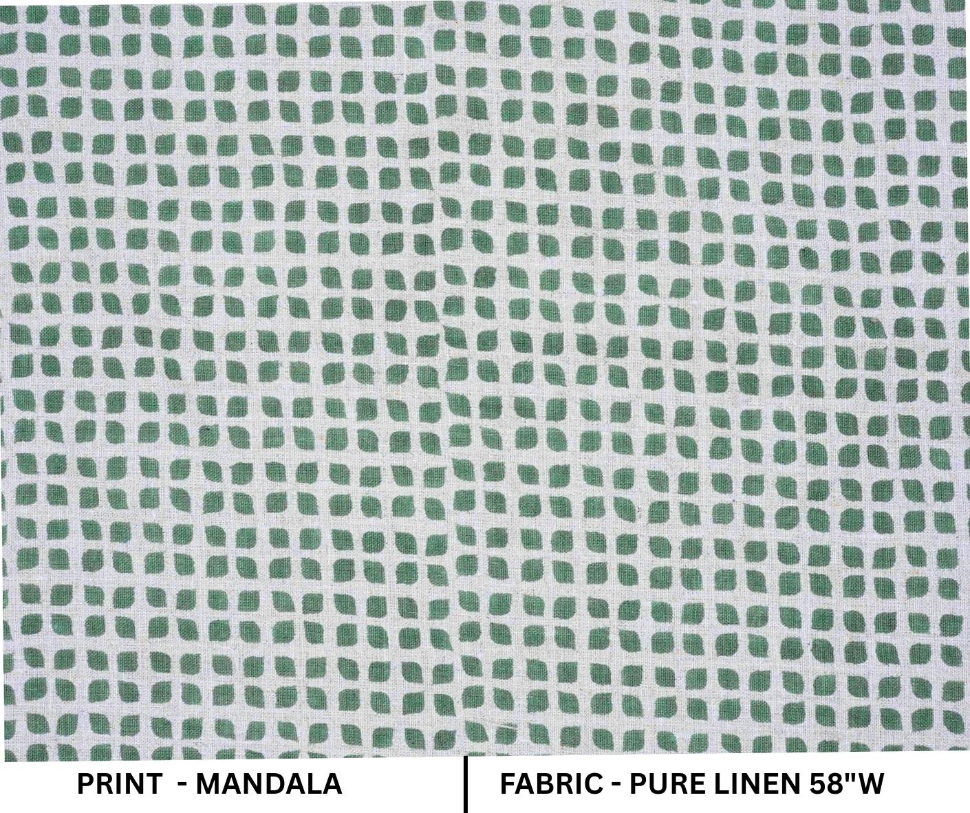 Pure Linen Hand Block Printed Sheen Green Floral Fabric for Couch Cover - Mandala