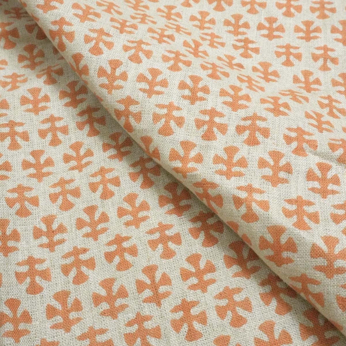 Handcrafted Throw Mini Orange Floral Block Printed Premium Pure Linen Mediumweight Cushion Fabric – BINDIKA