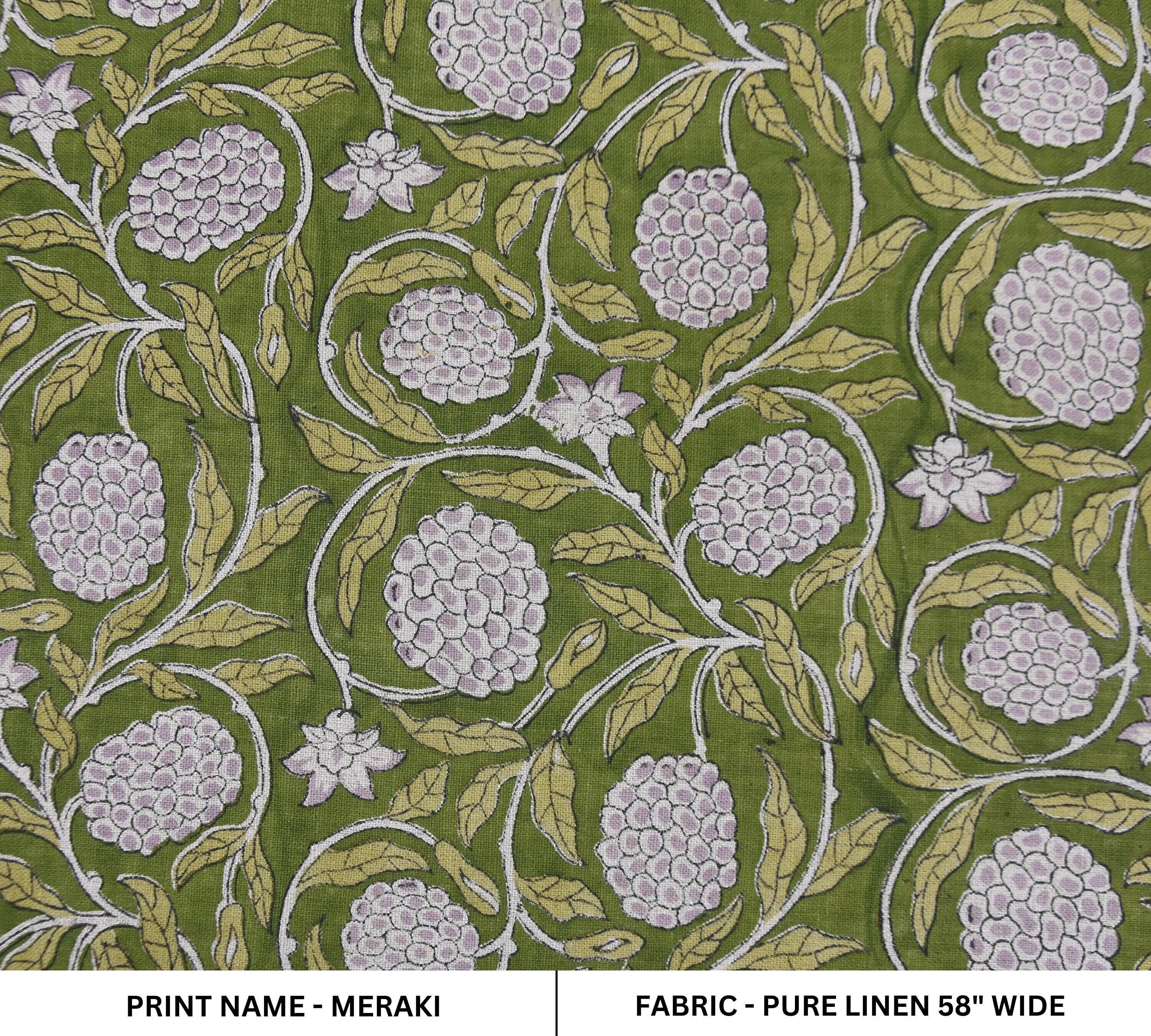 Linen Block Print Fabric 58 Inch Width Medium Weight Linen Natural Base Color Curtains and Drapes Upholstery Handmade Art Pillow Covers Tablecloths and Runners Bedding Tote Bag Lampshades Napkins by Fabritual