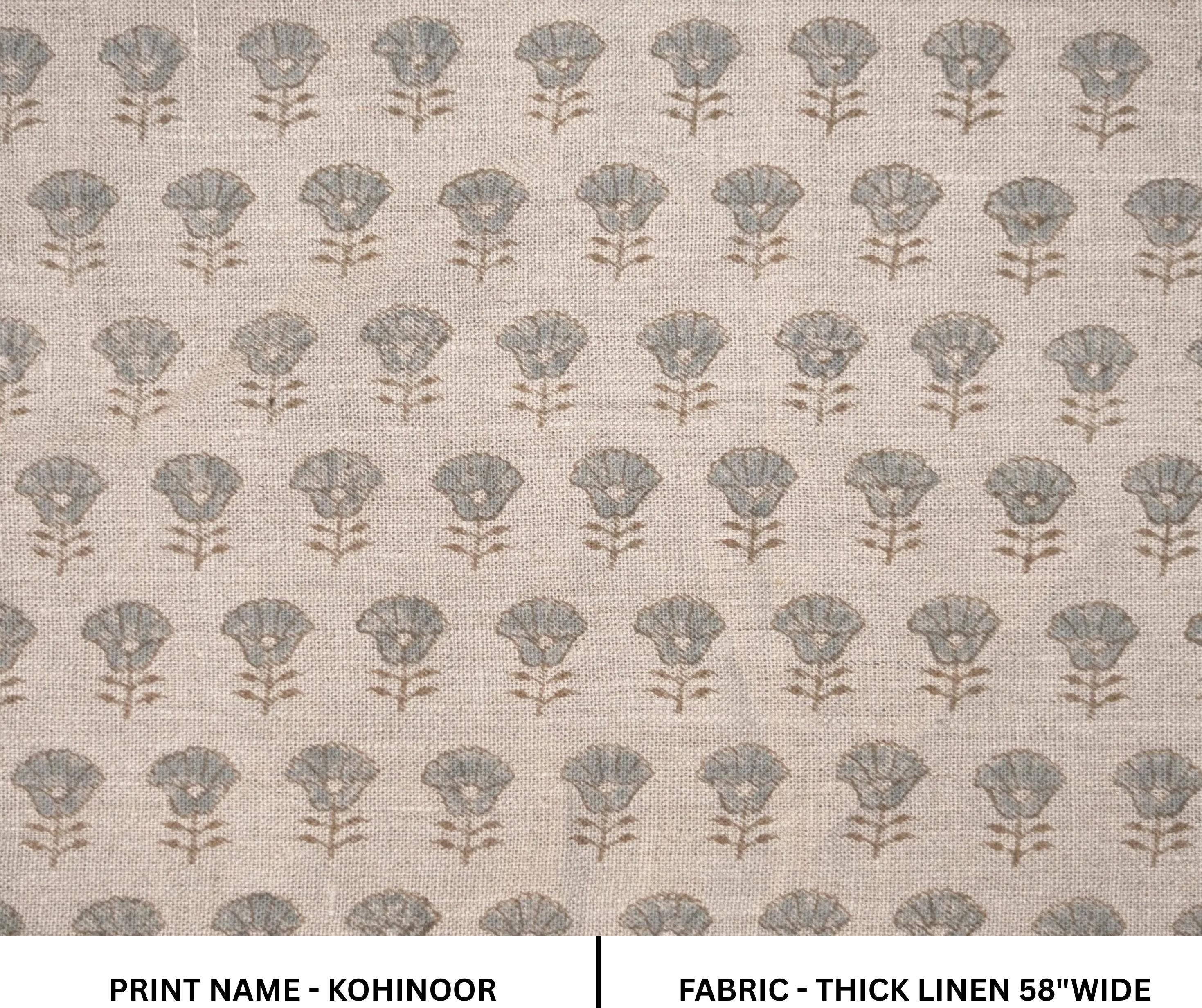 Linen Block Print Fabric 58 Inch Width Heavy Linen Natural Base With Grey Color Curtains and Drapes Upholstery Pillow Covers Tablecloths and Runners Bedding Tote Bag by Fabritual