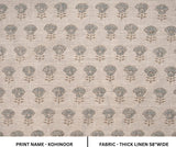 Wooden Block Print Gray and Brown Floral Heavy Linen Fabric for Modern Home Decor - Kohinoor