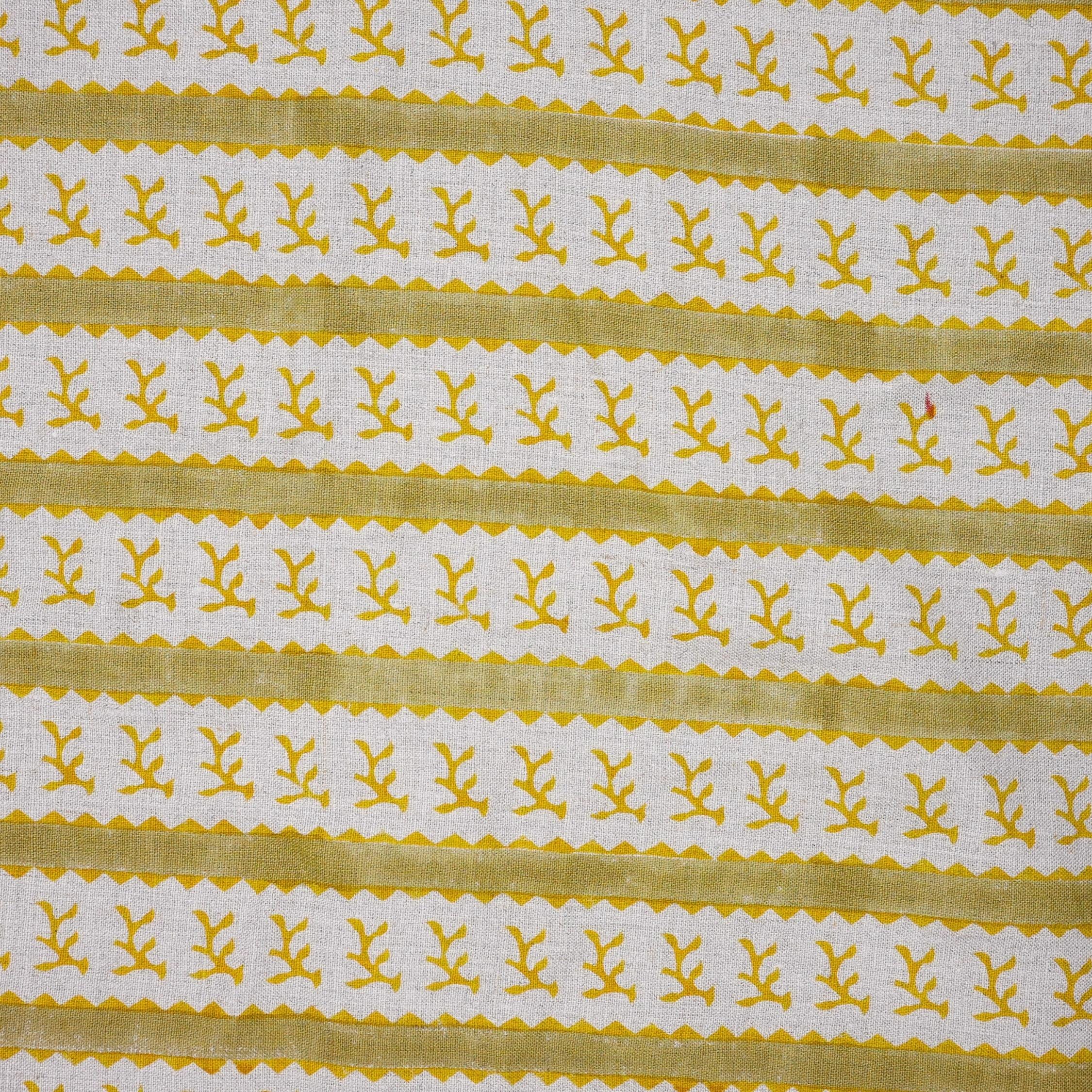 Hand Block Printed Decorative Mustard and Green Floral Pure Linen Fabric for Upholstery - Phool Dali