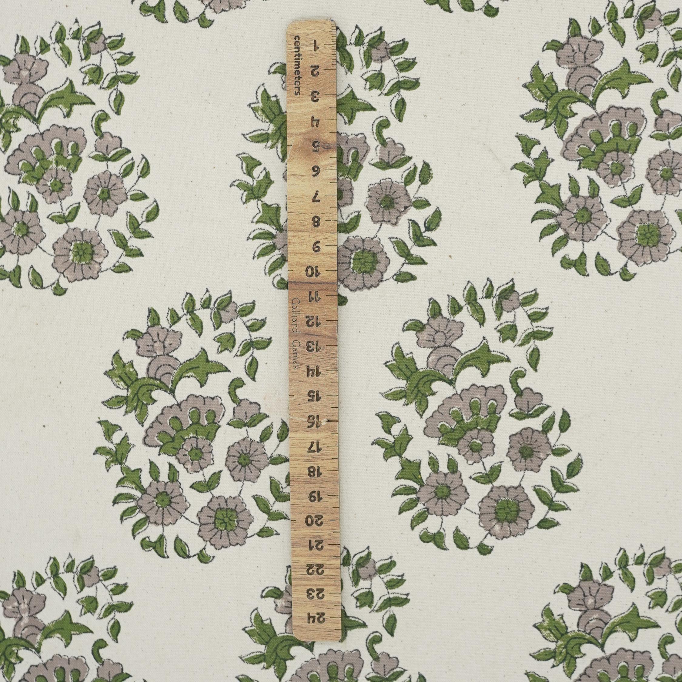 Hand-Stamped Block Printed Beige and Green Floral Duck Canvas Fabric for Curtains & Window Treatments – ANARKALI