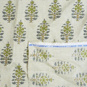 Handcrafted Pure Linen Green and Gray Leaf Floral Block Printed Fabric in Medium Weight Upholstery for Cushions - GULNAARI