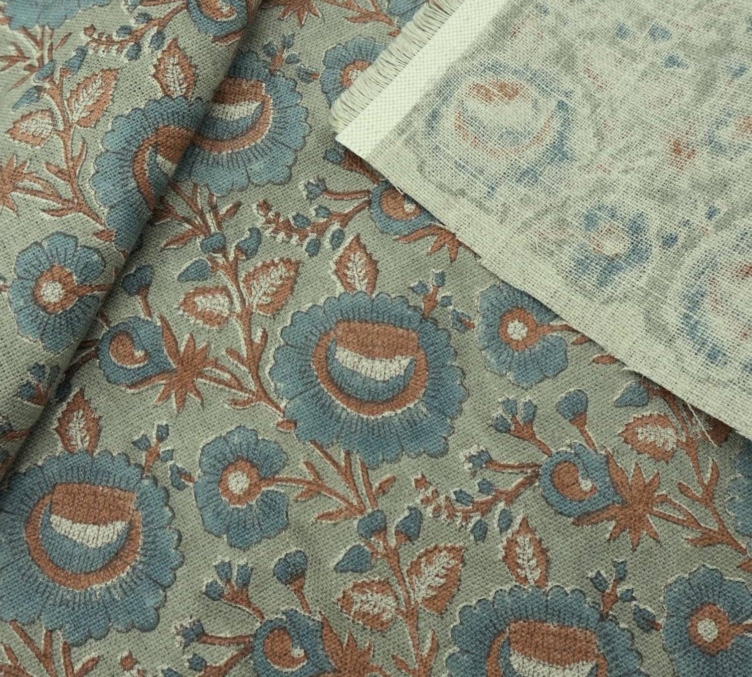 Linen Block Print Fabric 58 Inch Width Heavy Weight Linen Natural Base Color Curtains and Drapes Handmade Art Pillow Covers Tablecloths and Runners Bedding Tote Bag Lampshades Napkins by Fabritual