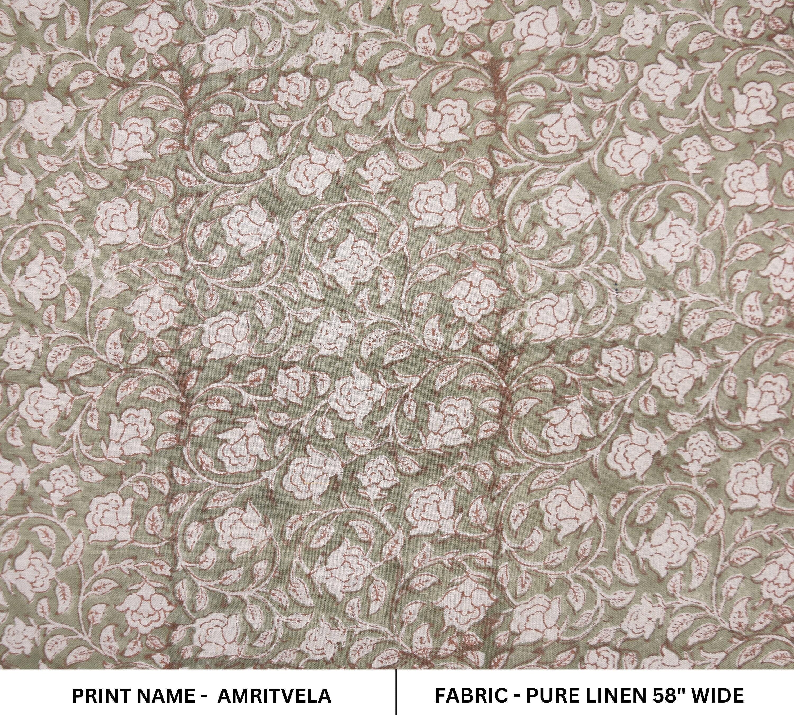 Linen Block Print Fabric 58 Inch Width Medium Weight Linen Natural Base Light  Color Curtains and Drapes Upholstery Pillow Covers Tablecloths and Runners Bedding Tote Bag Lampshades Napkins by Fabritual