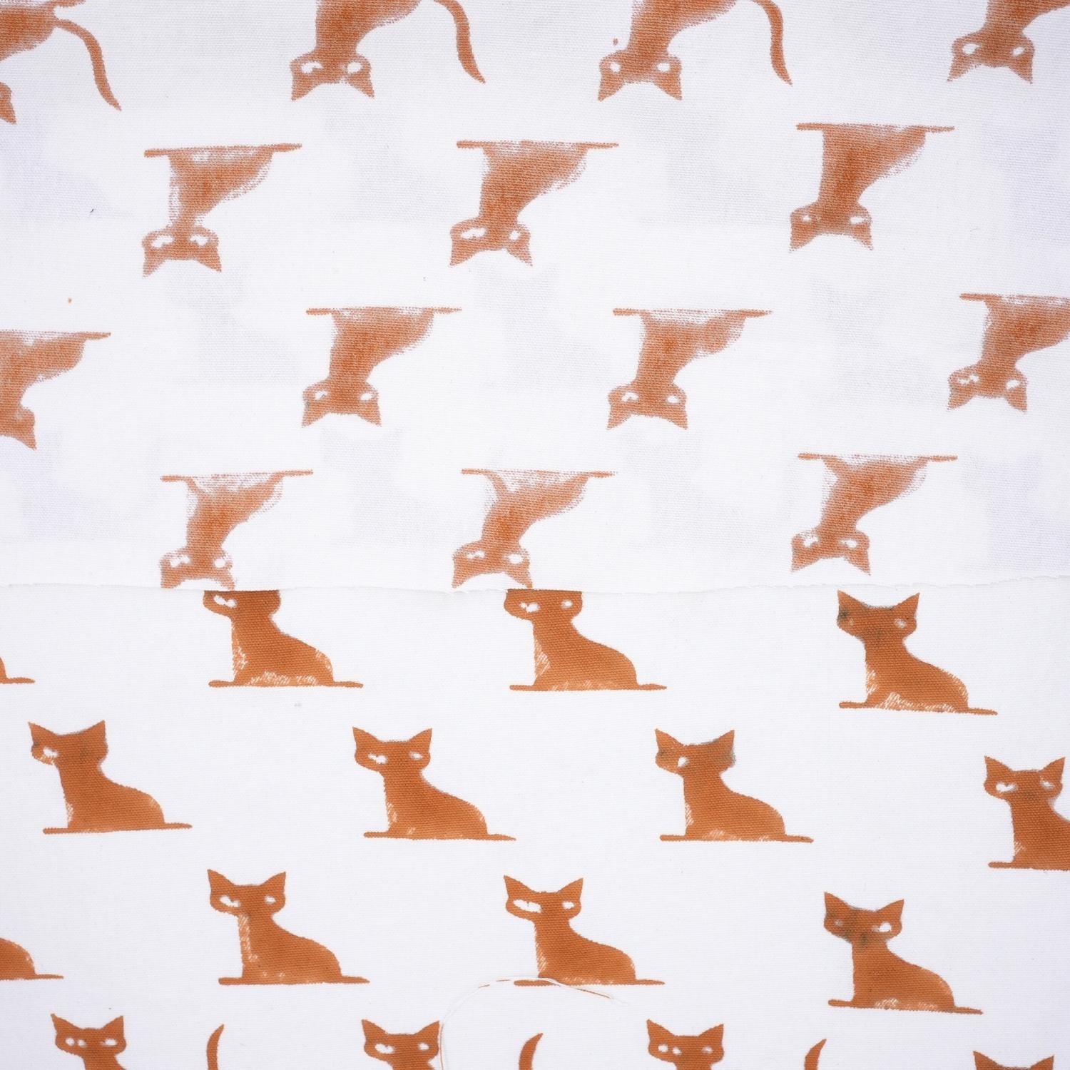 Indian Hand Block Brown Cat Print on Thick Cotton White Decortive Home Decor Fabric
