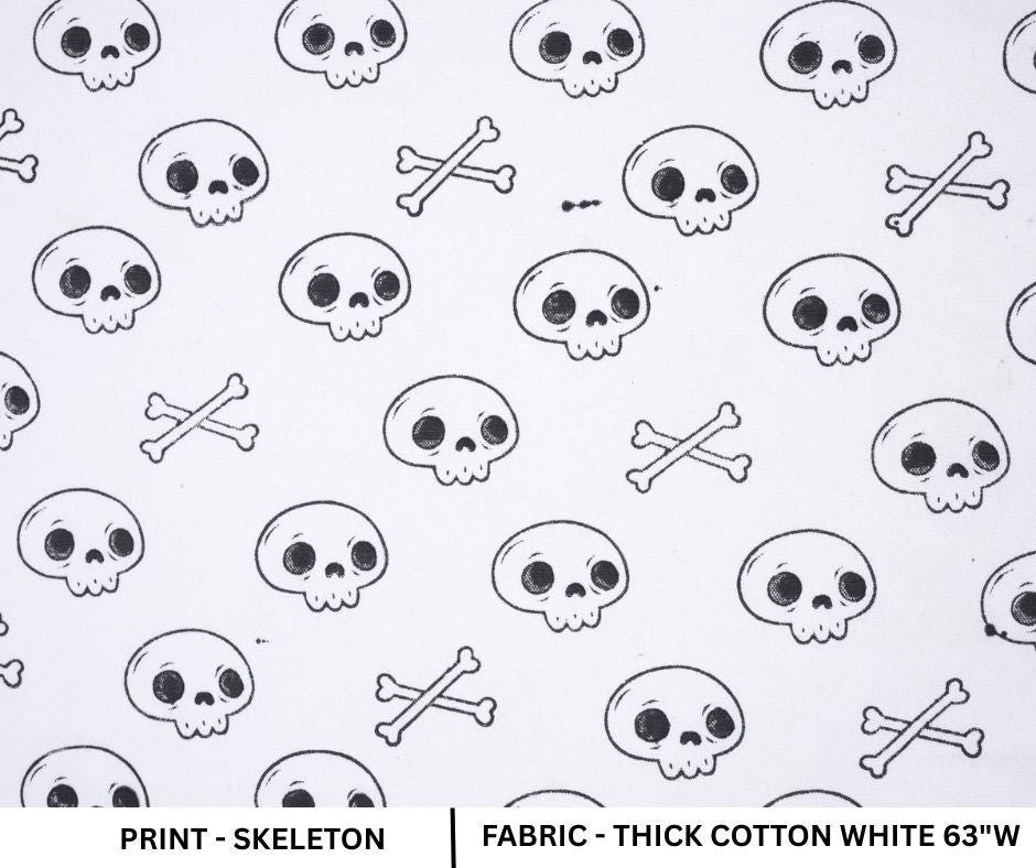 Handmade Black Skeleton Print Table Runner Elegant Fabric on Thick Cotton White for Halloween Decor