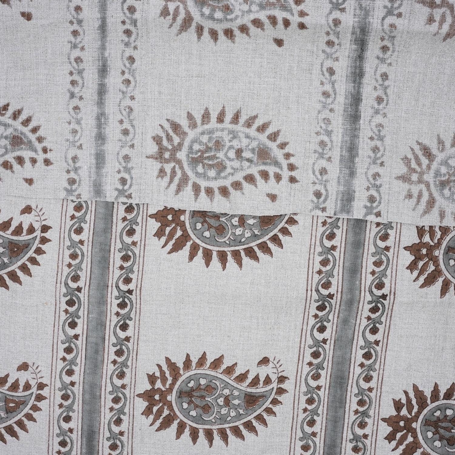 Handcrafted Brown and Gray Floral Cushion Fabric on Pure Linen with Basant Bela Design