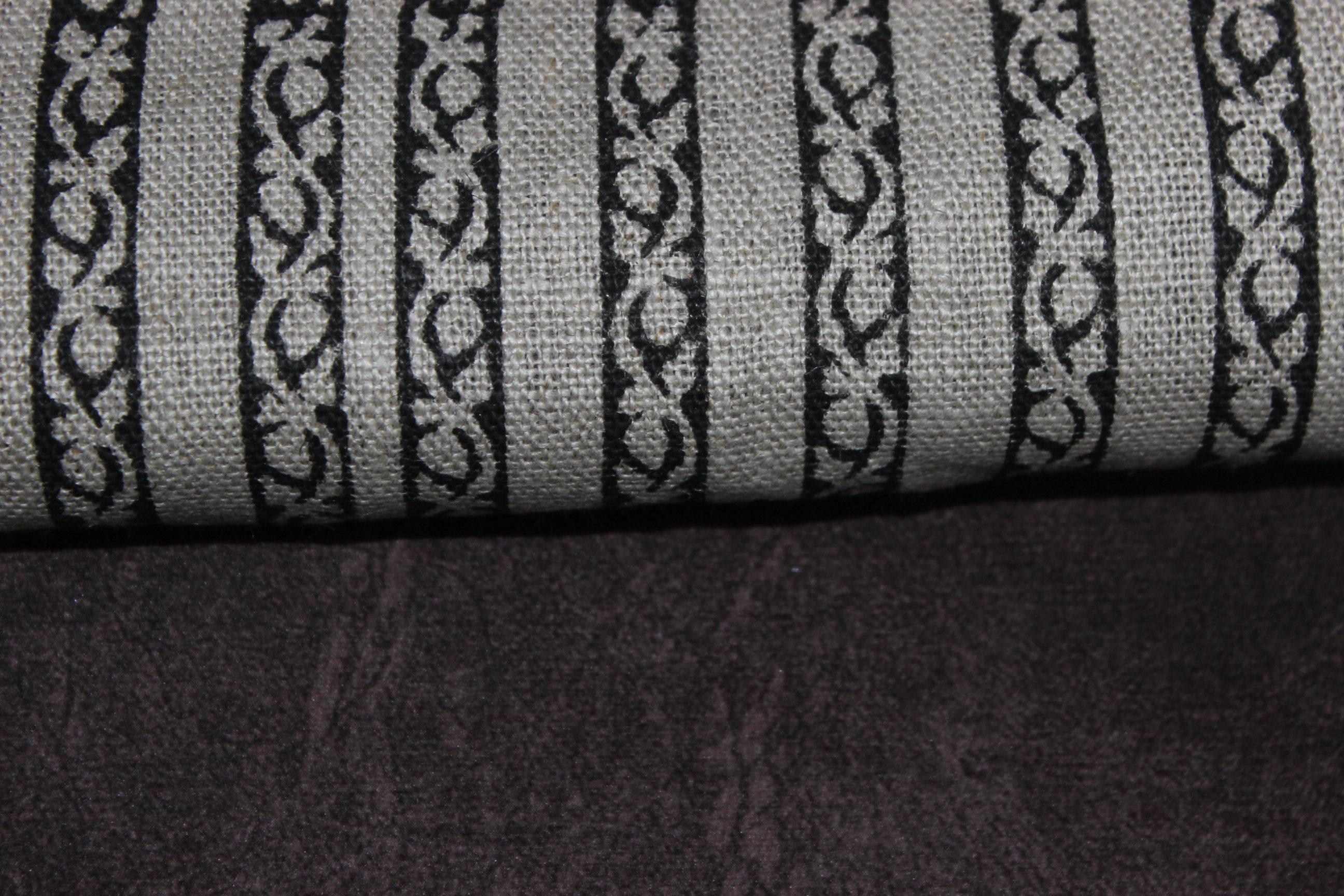 Indian Designer Hand Block Printed Black and Gray Thick Linen Fabric with Striped Pattern - TRILANE
