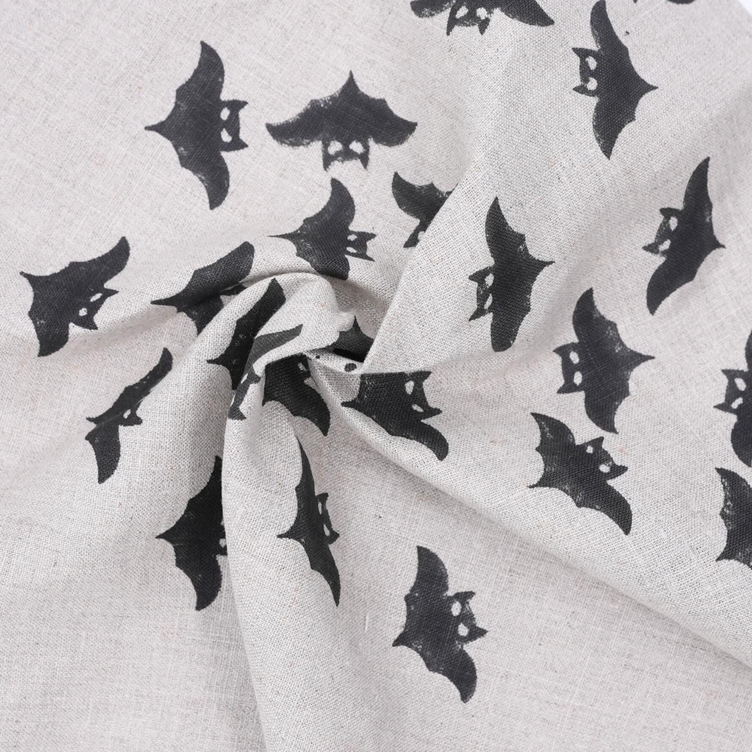 Handmade Art Wooden Block Black Bat Print Pure Linen Table Cover Fabric for Living Room Decor