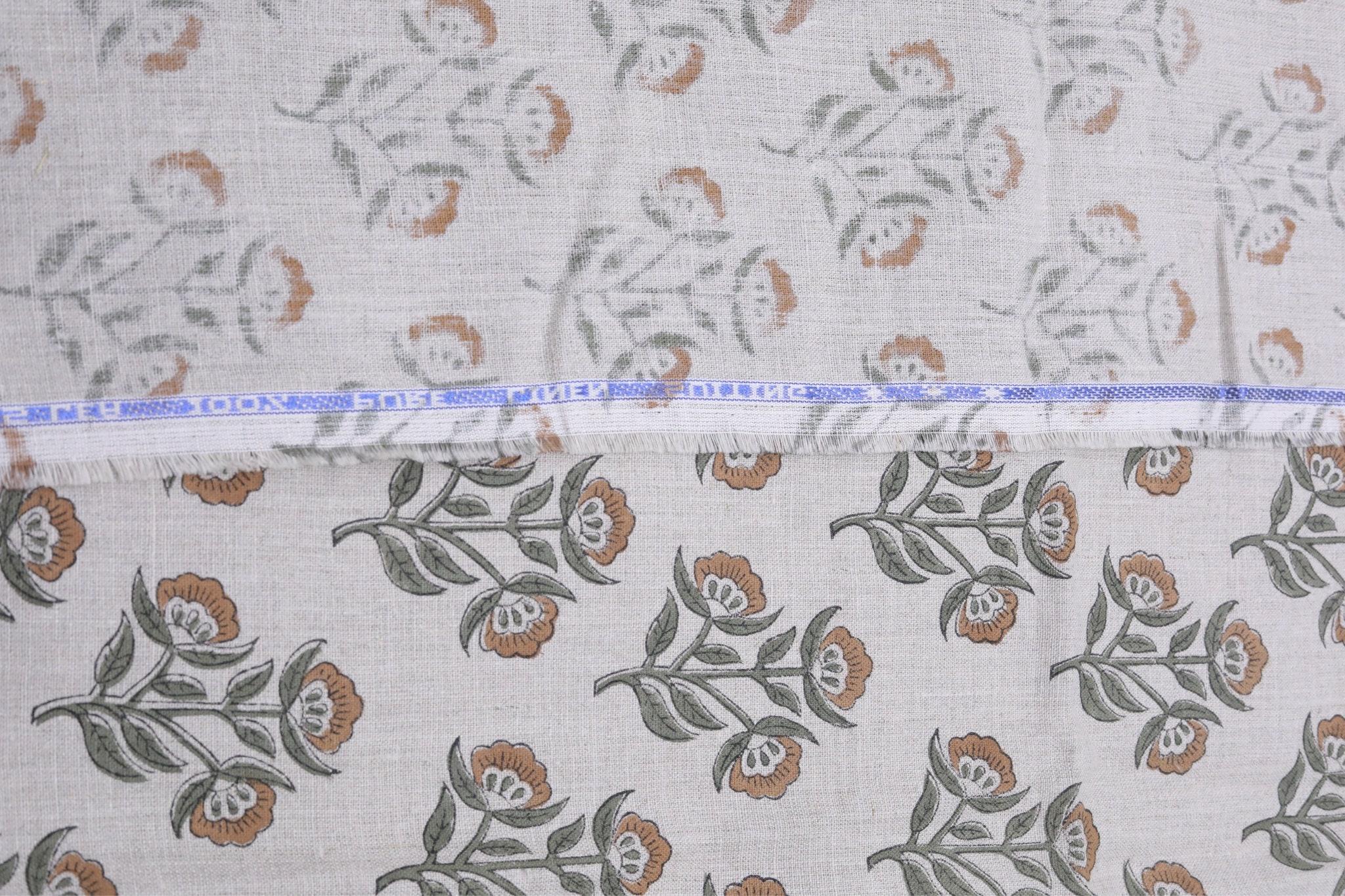 Linen Block Print Fabric 58 Inch Width Medium Weight Linen Natural Base Color Upholstery Handmade Art Pillow Covers Tablecloths and Runners Bedding Tote Bag Lampshades Napkins by Fabritual