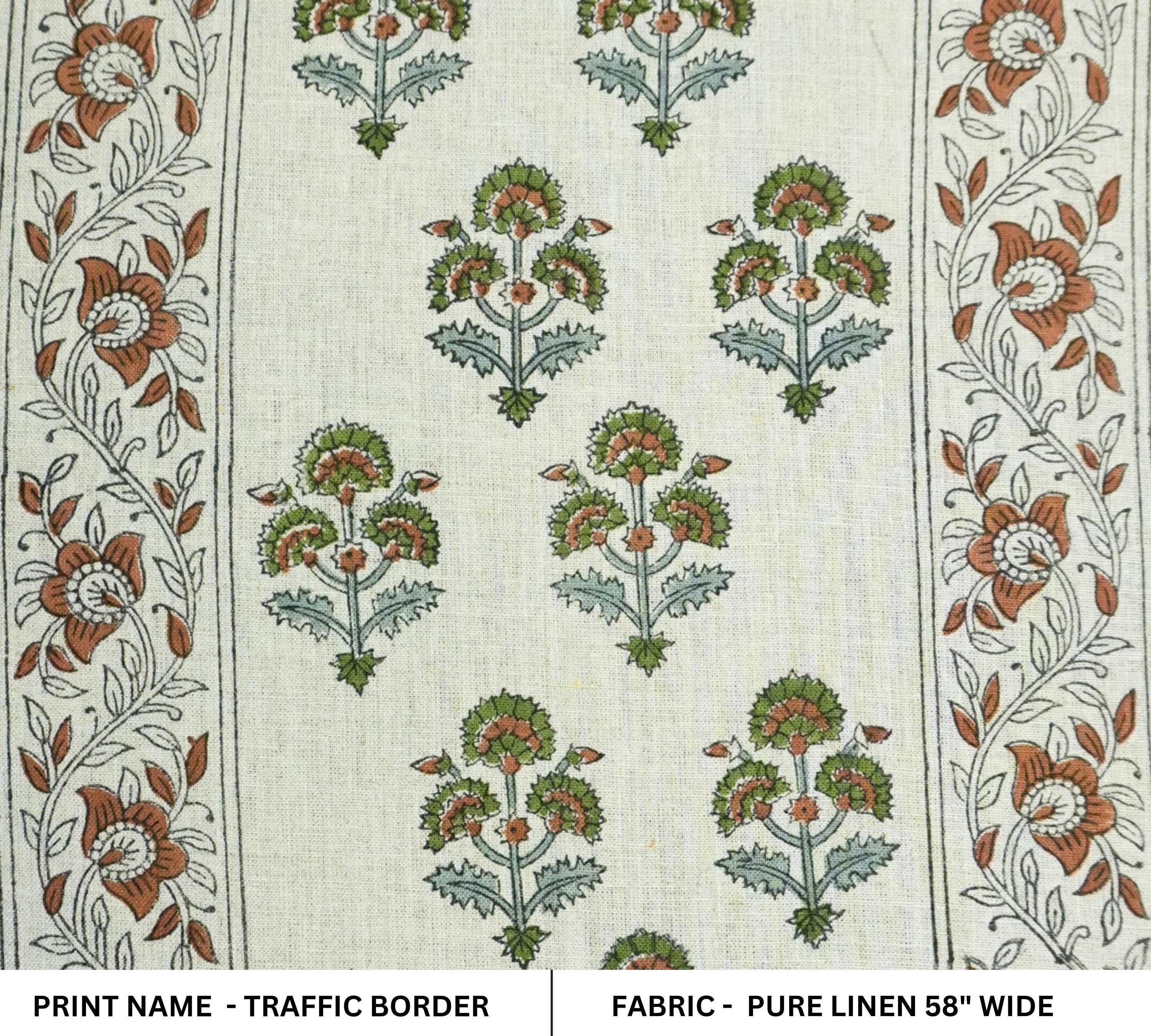 Linen Block Print Fabric 58 Inch Width Medium Weight Linen Natural Base Color Handmade Creative Design To Make Curtains and Drapes Upholstery Pillow Covers Tablecloths and Runners Lampshades Napkins by Fabritual