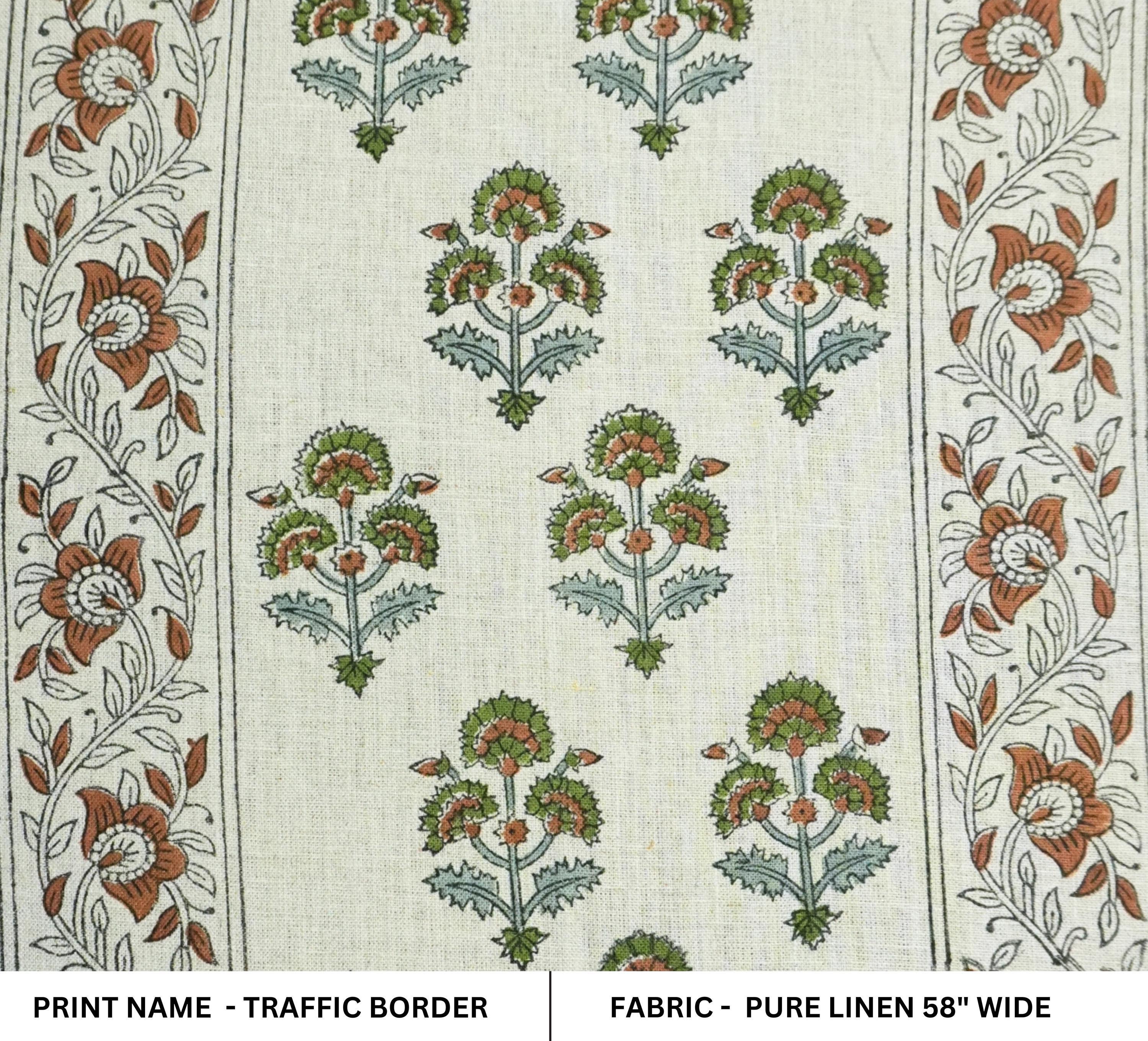 Linen Block Print Fabric 58 Inch Width Medium Weight Linen Natural Base Color Handmade Creative Design To Make Curtains and Drapes Upholstery Pillow Covers Tablecloths and Runners Lampshades Napkins by Fabritual