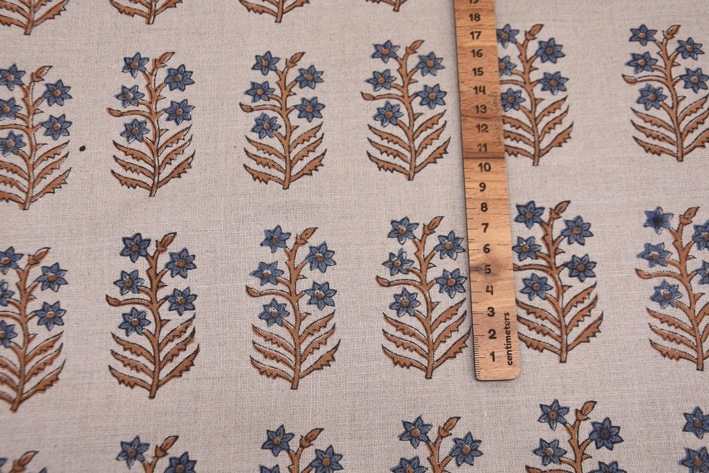 Linen Block Print Fabric 58 Inch Width Medium Weight Linen Natural Base Color Curtains and Drapes Upholstery Handmade Art Pillow Covers Tablecloths and Runners Bedding Tote Bag Lampshades Napkins by Fabritual