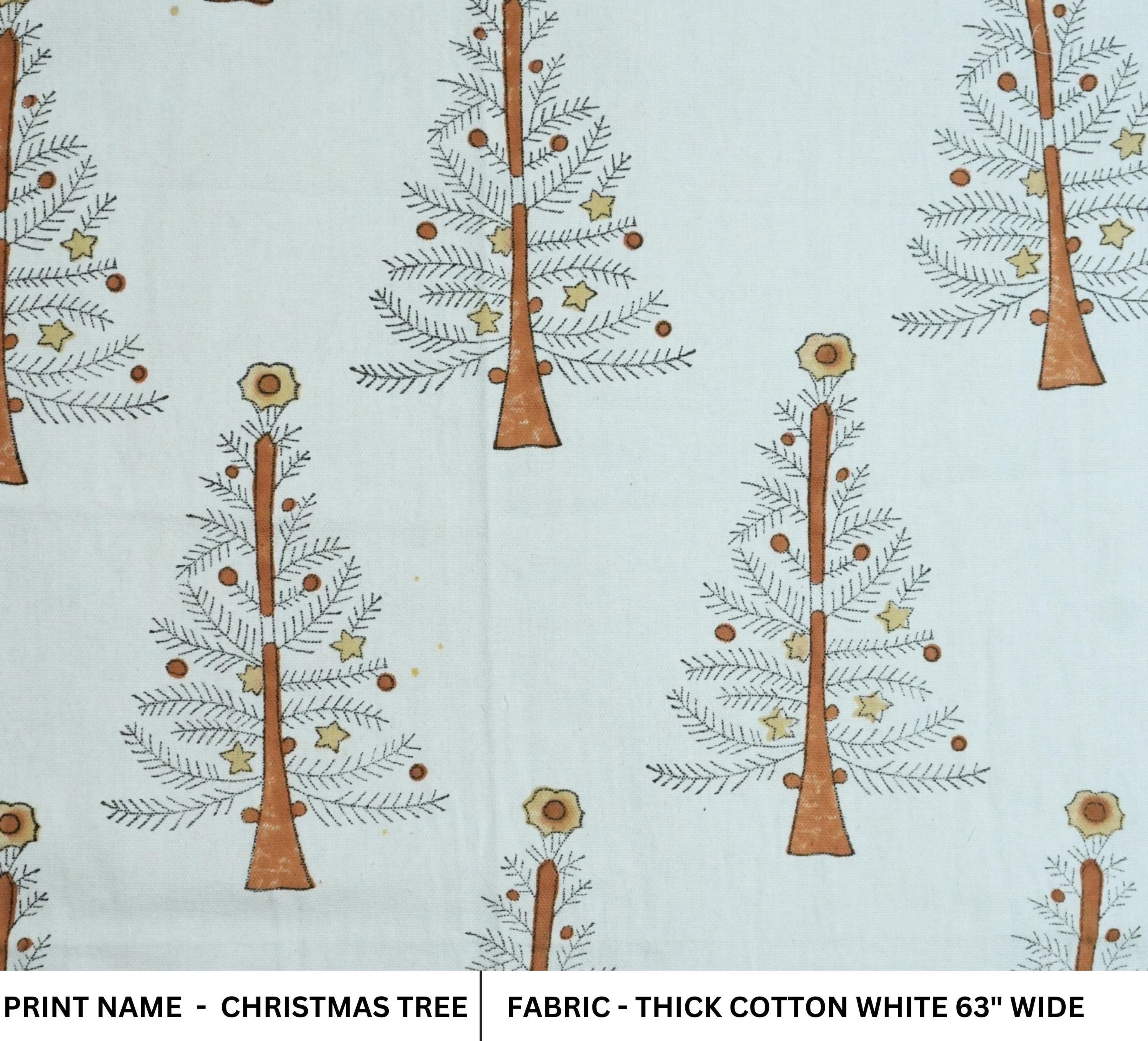 Indian Handmade Brown Block Printed Floral Christmas Decor Thick Cotton White Fabric – CHRISTMAS TREE