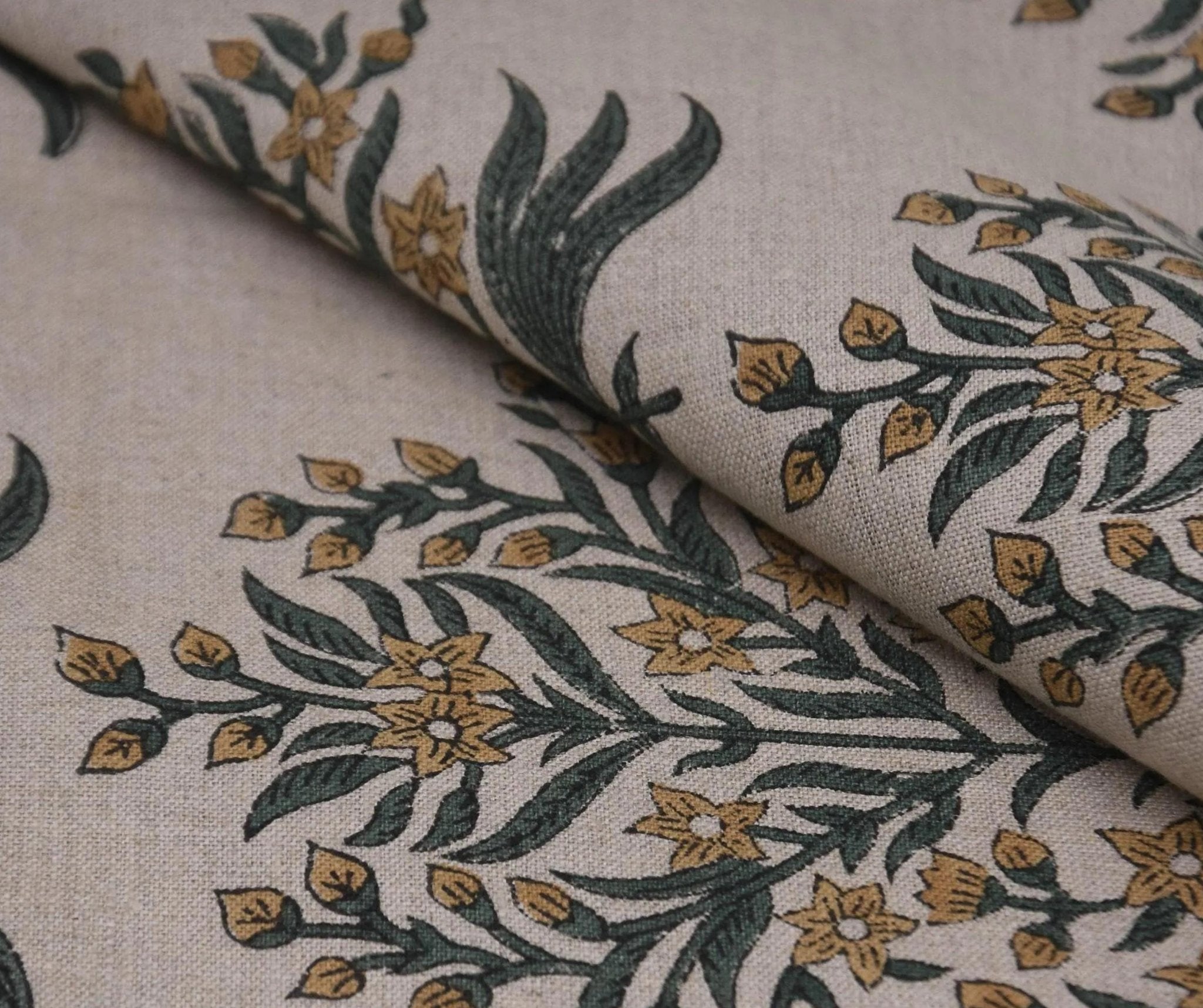 Linen Block Print Fabric 58 Inch Width Medium Weight Linen Natural Base Color Curtains and Drapes Upholstery Handmade Art Pillow Covers Tablecloths and Runners Bedding Tote Bag Lampshades Napkins by Fabritual