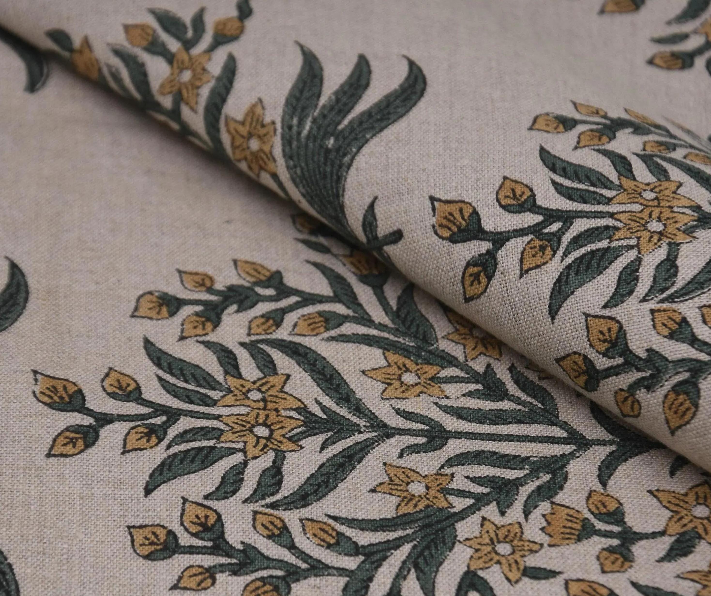 Linen Block Print Fabric 58 Inch Width Medium Weight Linen Natural Base Color Curtains and Drapes Upholstery Handmade Art Pillow Covers Tablecloths and Runners Bedding Tote Bag Lampshades Napkins by Fabritual