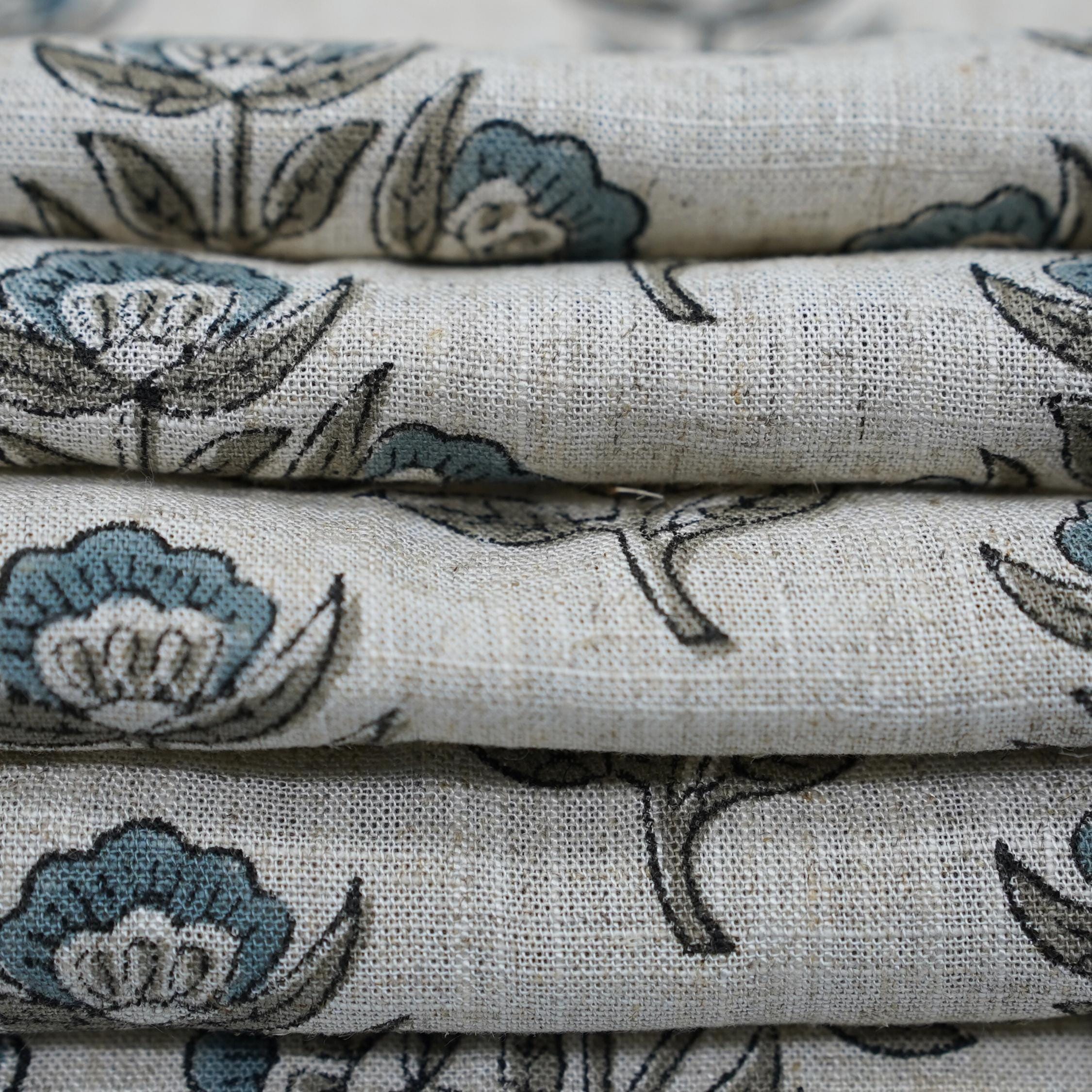 Handmade Bluish and Gray Floral Block Printed Viscose Linen Fabric 58" Wide for Pillows, Curtains – BELPATRA