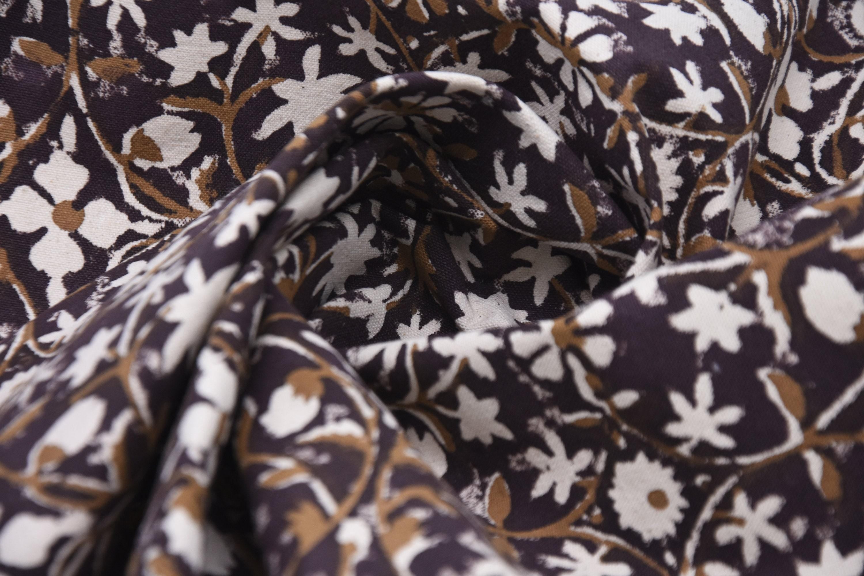 Indian Hand Block Printed Duck Canvas Dark Purple and Bronze Floral Fabric for Cushion Covers – Mahalakshmi