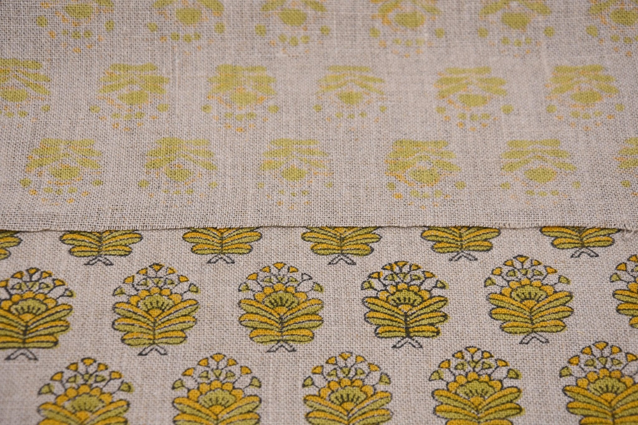 Indian Made Block Printed Thick Pure Linen 58" Wide Yellow and Green Floral Fabric for Sofa Covers – Bheeshma