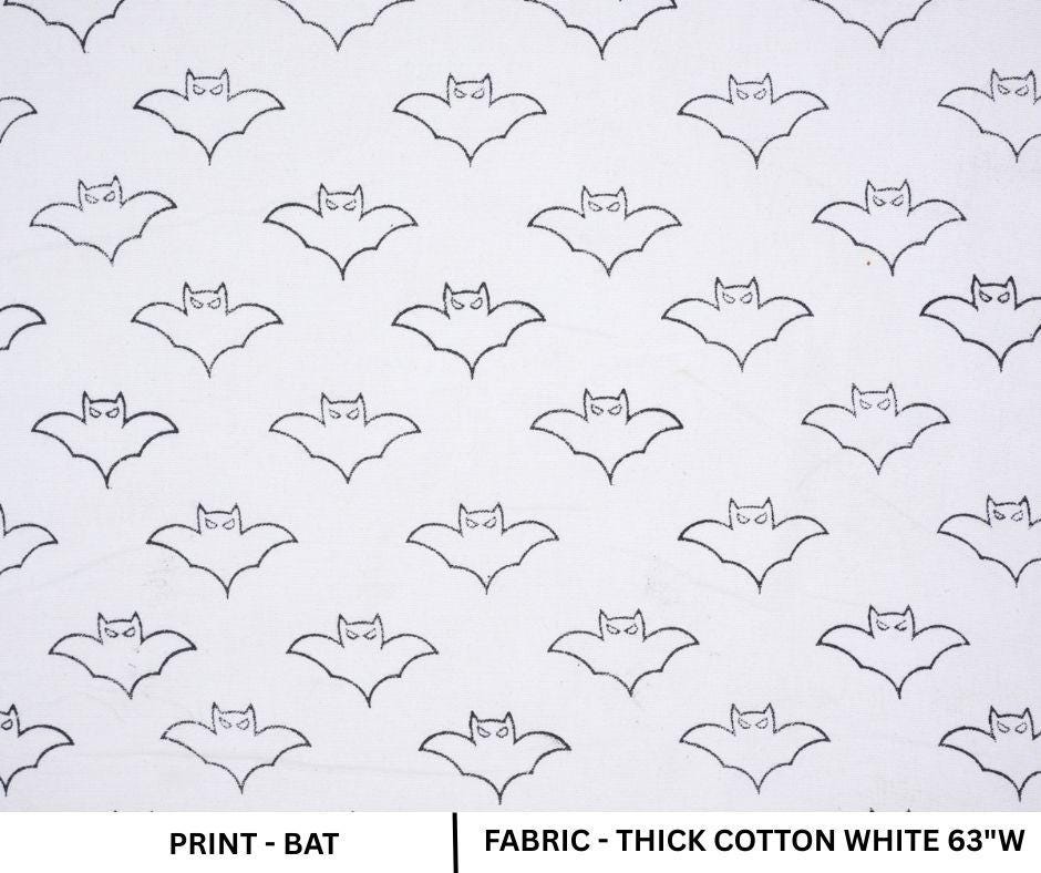 Block Print Thick Cotton White Decorative Halloween Party Cushion Cover Fabric with Bat Design