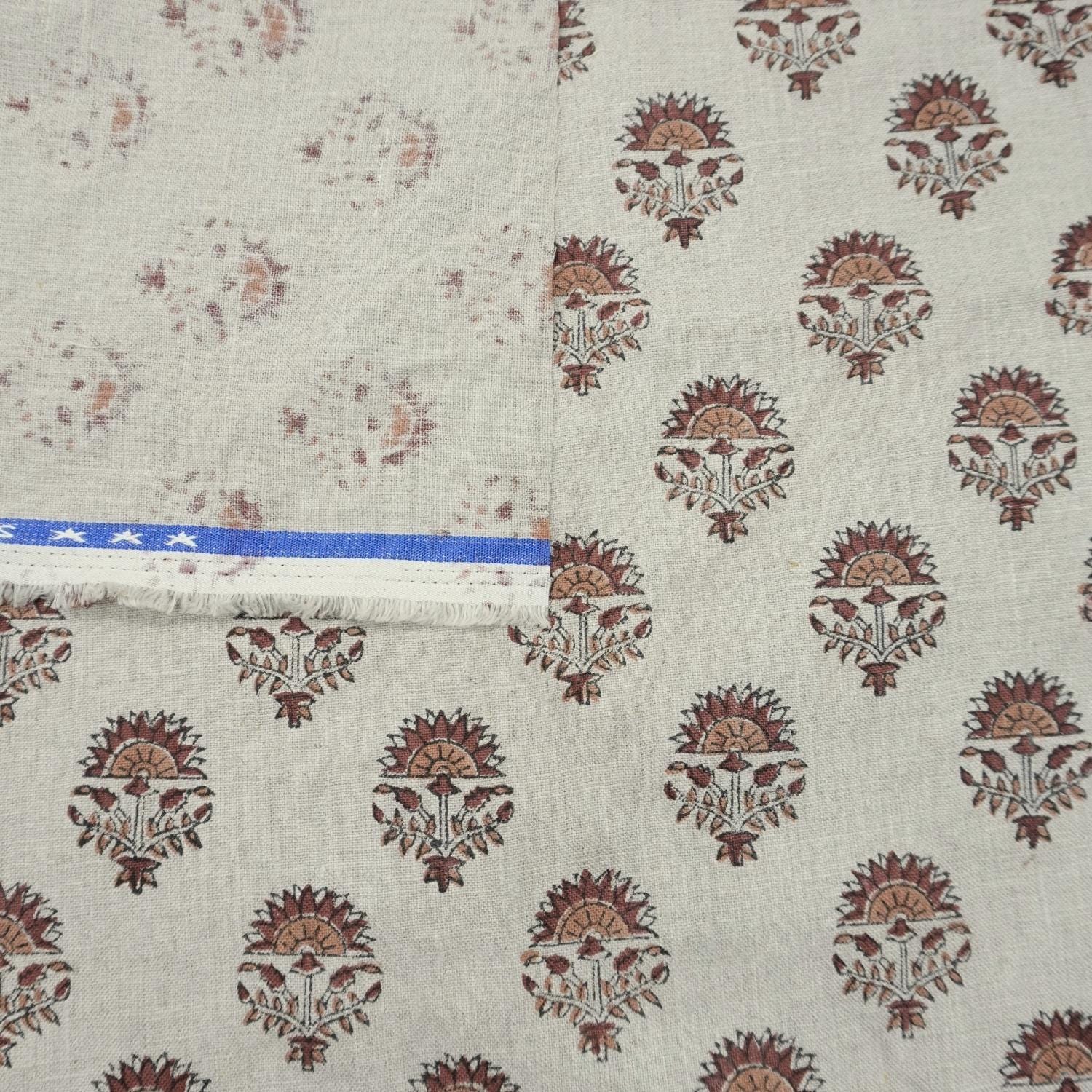 Linen Block Print Fabric 58 Inch Width Medium Weight Linen Natural Base Color Curtains and Drapes Handmade Art Pillow Covers Tablecloths and Runners Bedding Tote Bag Lampshades Napkins by Fabritual