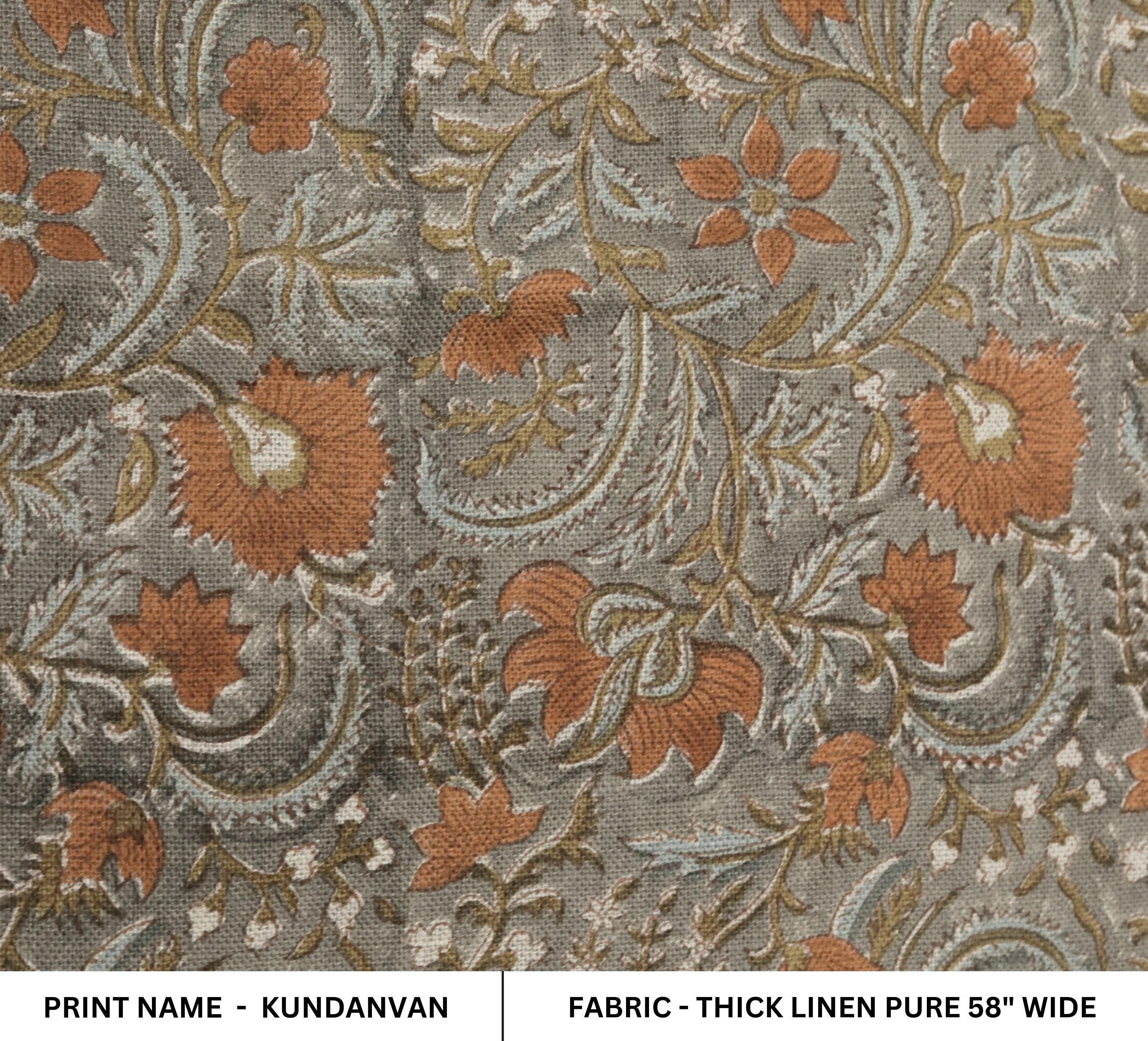 Indian Hand Stamped Block Printed Thick Linen Pure Fabric in Bronze and Gray Floral for Living Room Decor – Kundanvan