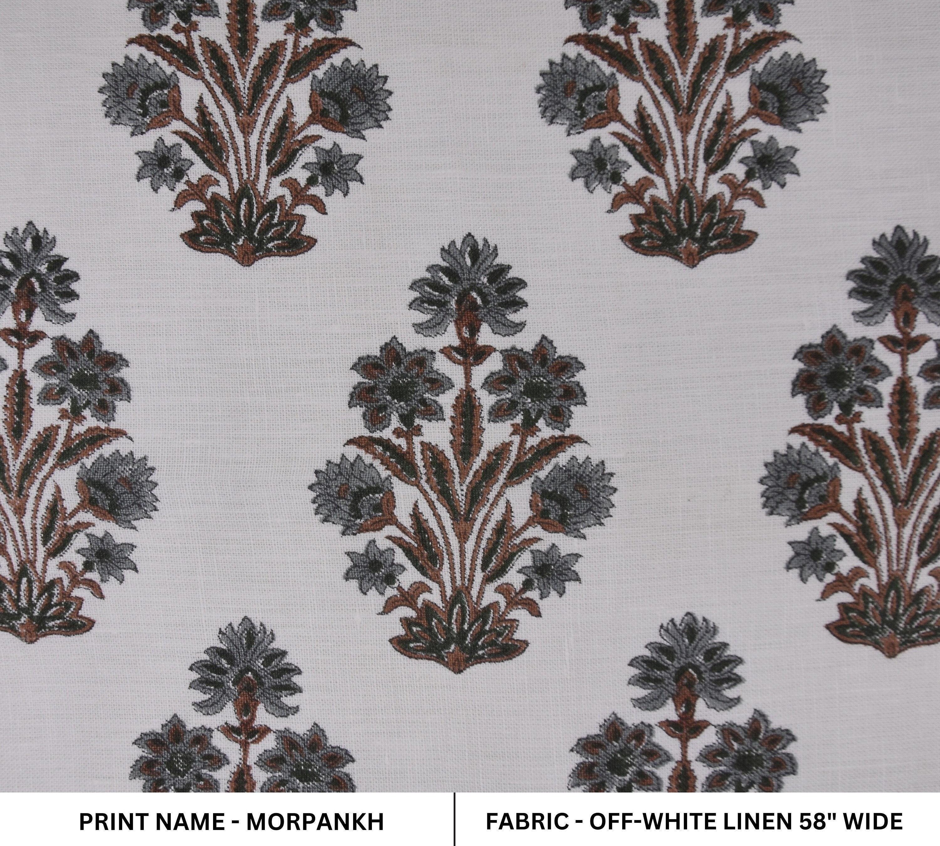 Off white linen 58&quot;inch fabric, handmade linen fabric, indian handmade prints and natural color, farmhouse curtains, decorative pillow cover, upholstery floral printed tablecloth and couch cover.