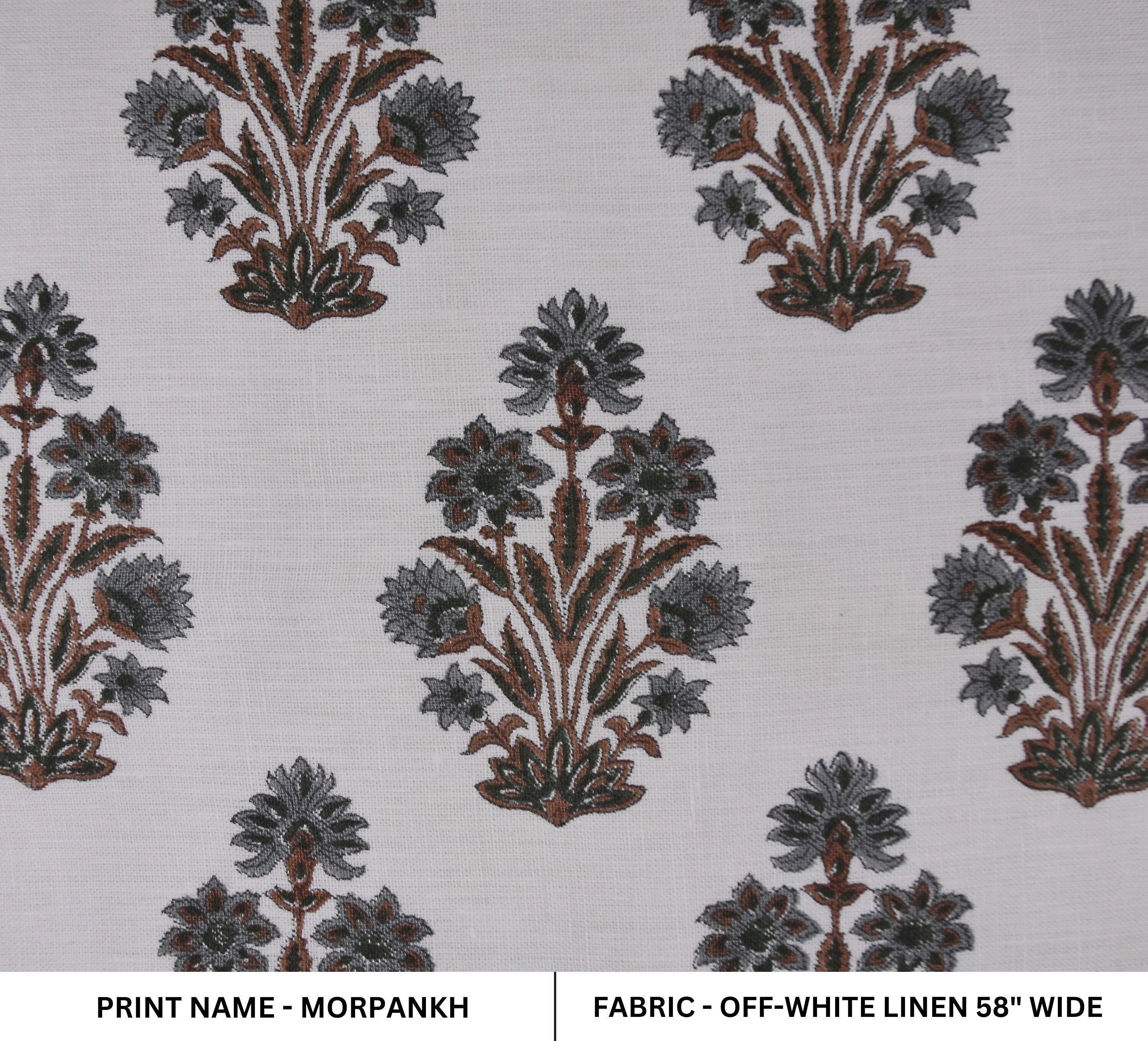 Off white linen 58&quot;inch fabric, handmade linen fabric, indian handmade prints and natural color, farmhouse curtains, decorative pillow cover, upholstery floral printed tablecloth and couch cover.