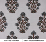 Handmade Indian Block Printed Off-White Pure Linen Fabric in Gray and Brown Big Floral – Morpankh