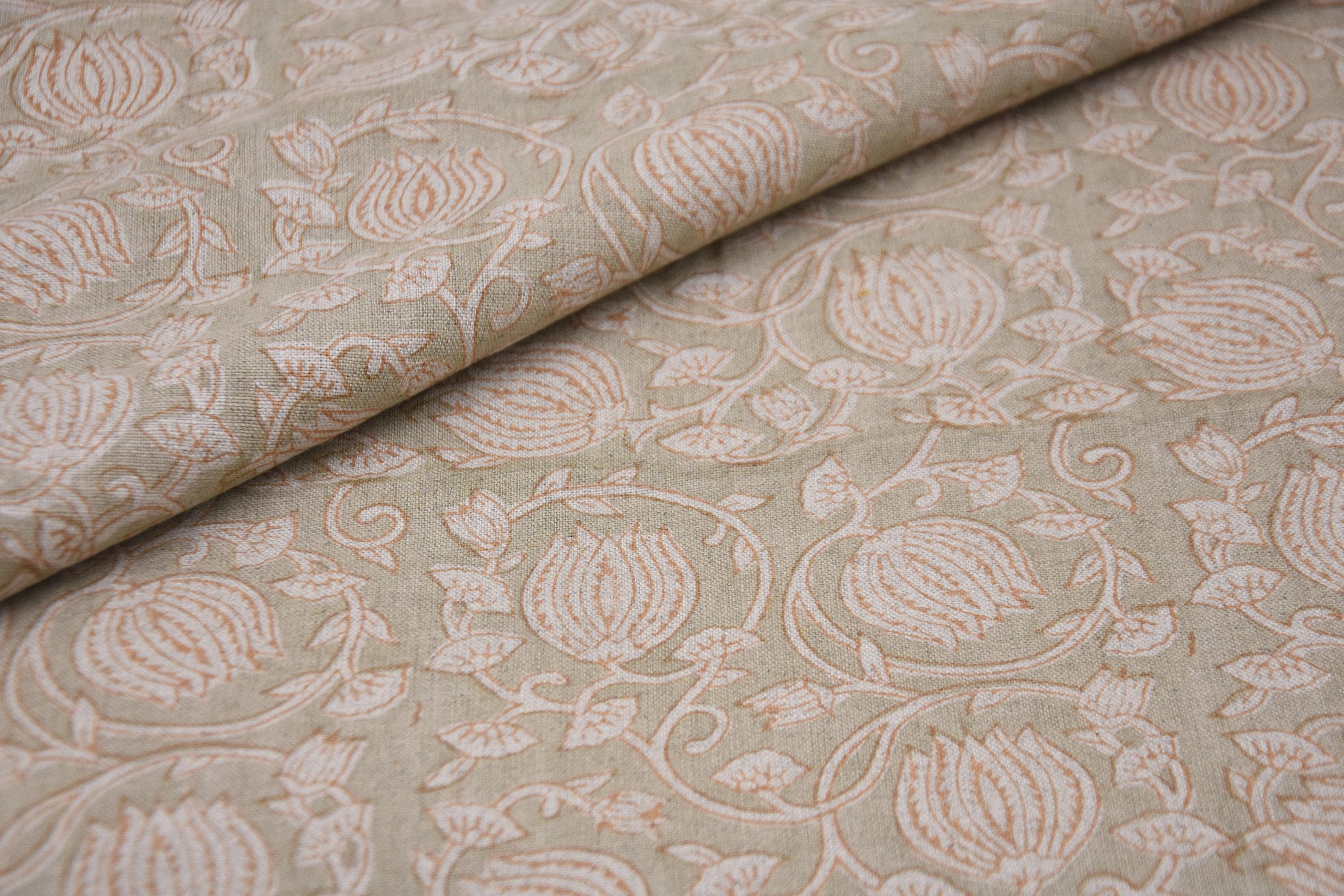 Linen Block Print Fabric 58 Inch Width Heavy Weight Linen Natural Base Color  Upholstery Handmade Art Tablecloths and Runners Bedding Tote Bag Lampshades Napkins by Fabritual