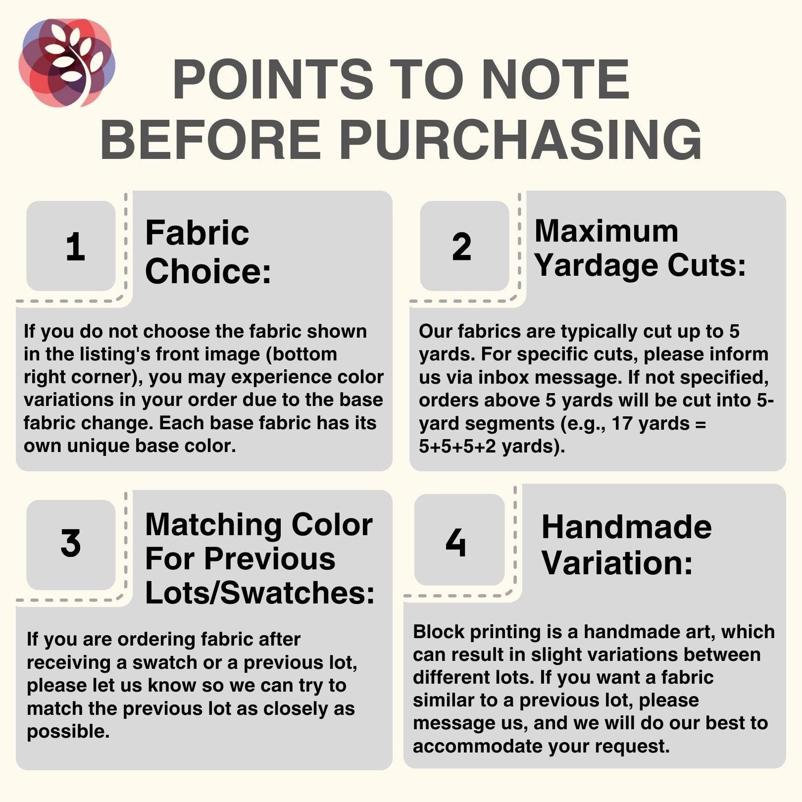 Points to note before purchasing fabric, including color variations and yardage cuts.